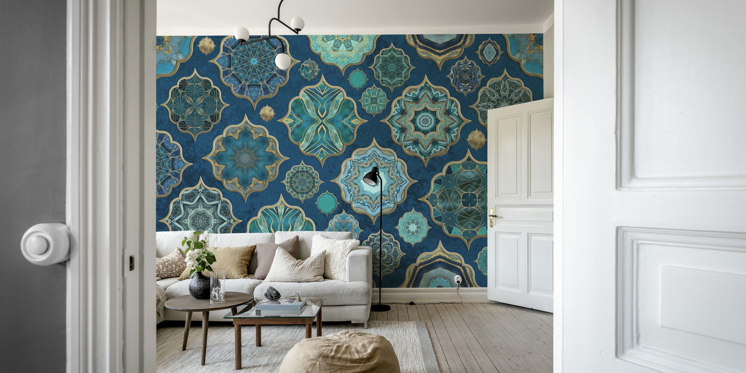 Moroccan-style tile pattern wall mural in shades of teal and navy with gold accents