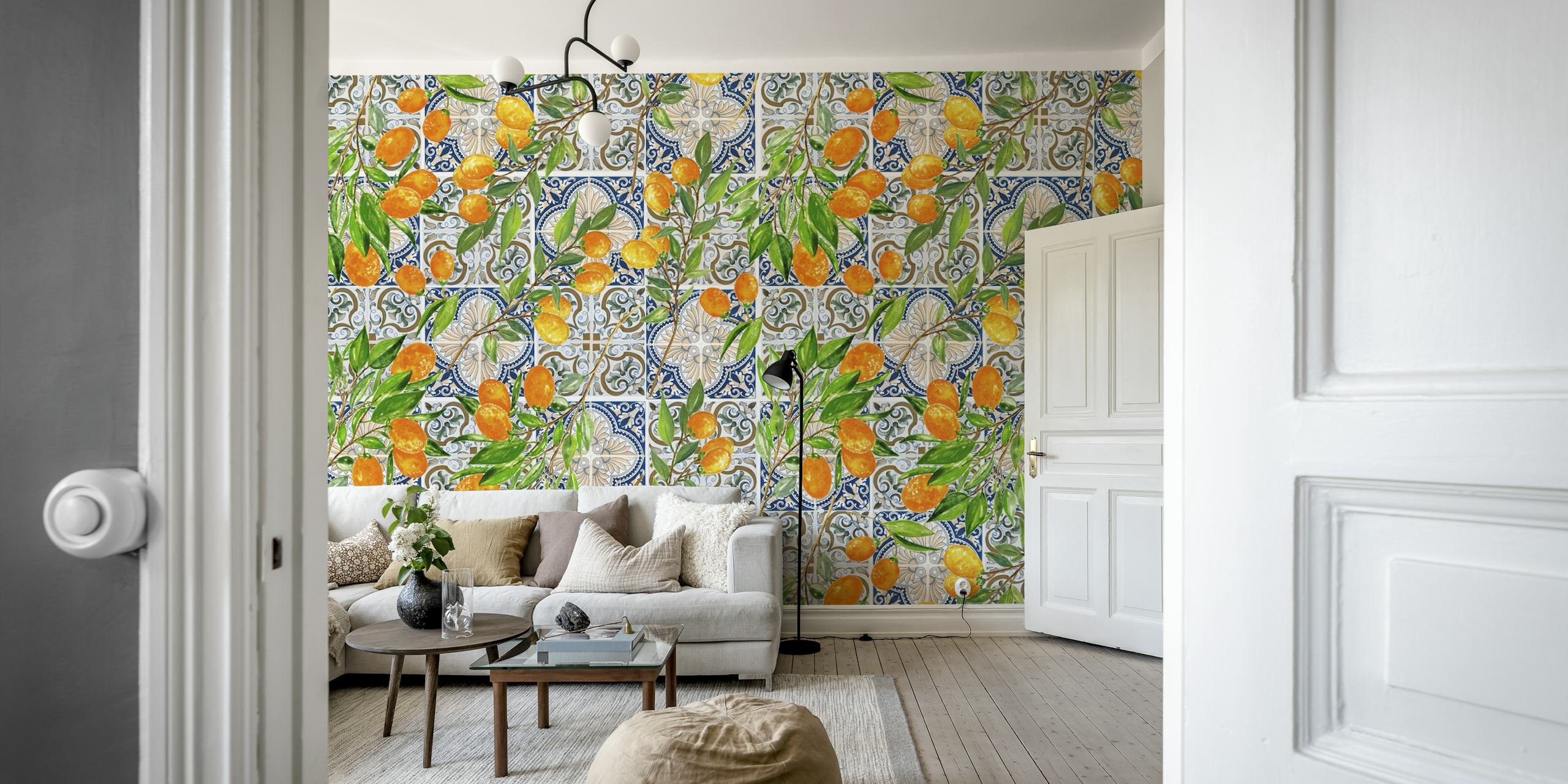 Mediterranean cumquat floral design with oranges and blue tile patterns wallpaper