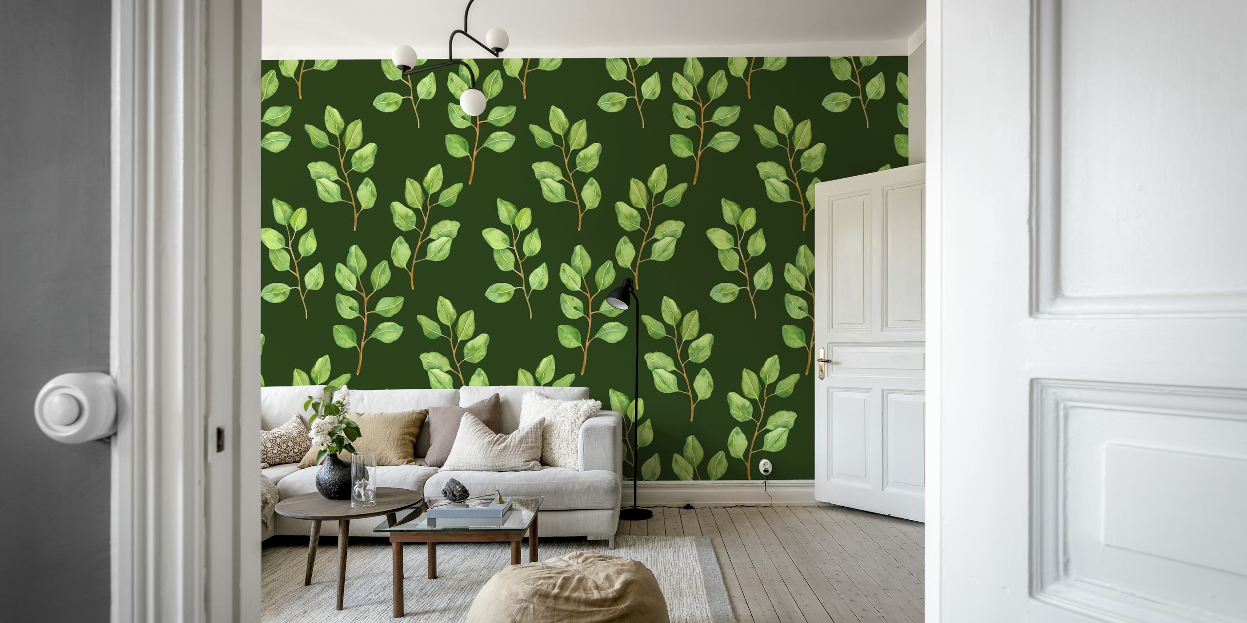 Eucalyptus watercolor wallpaper in a room setting