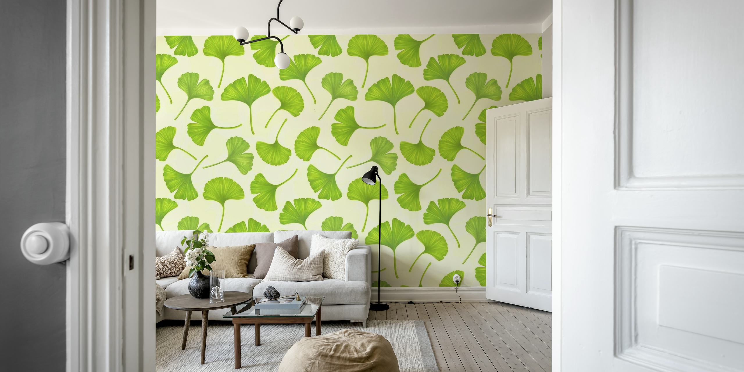 Ginkgo Leaves on Off White Wall -tapetti