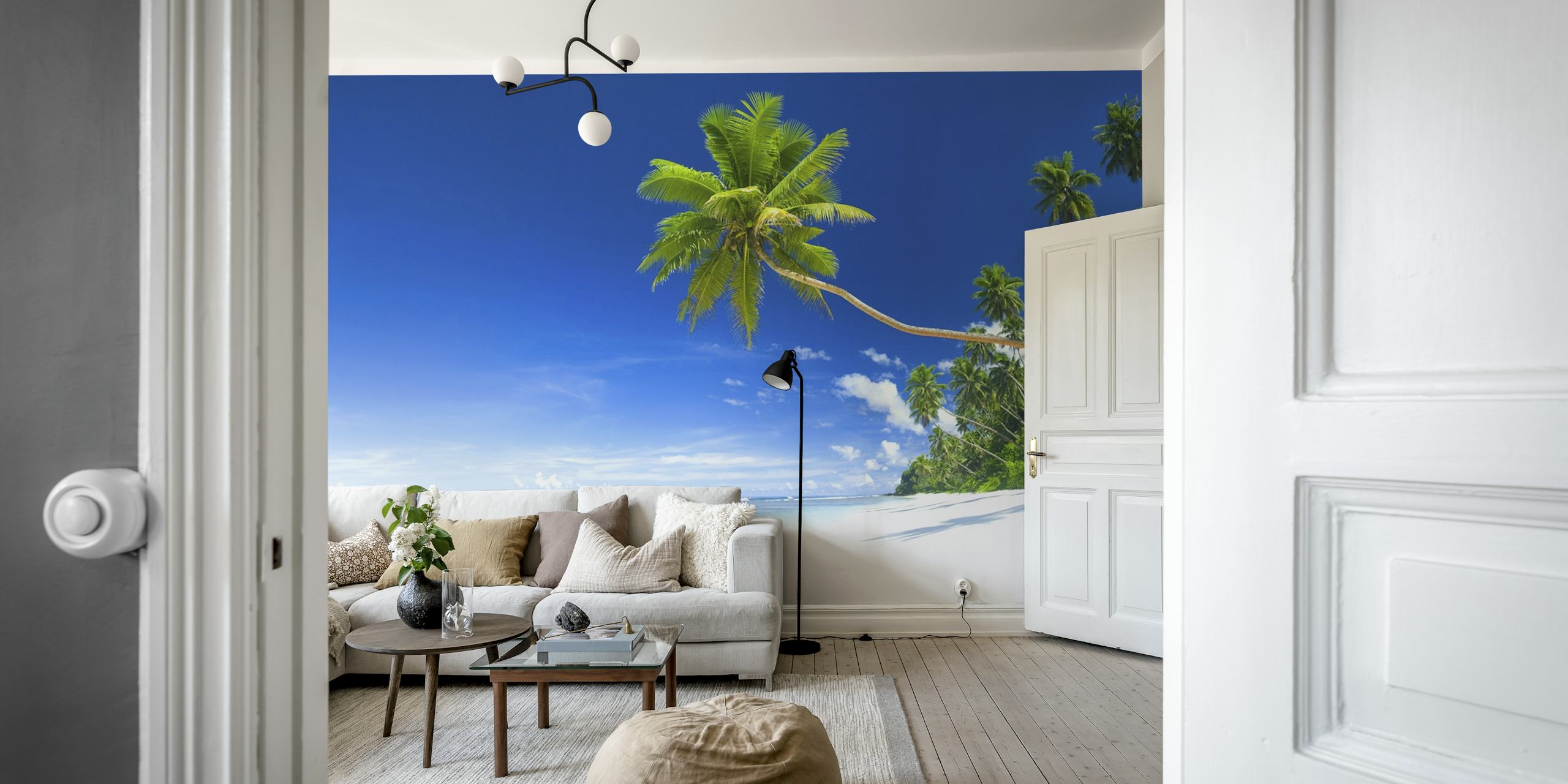 Tropical beach scene with blue sky and palm trees wallpaper