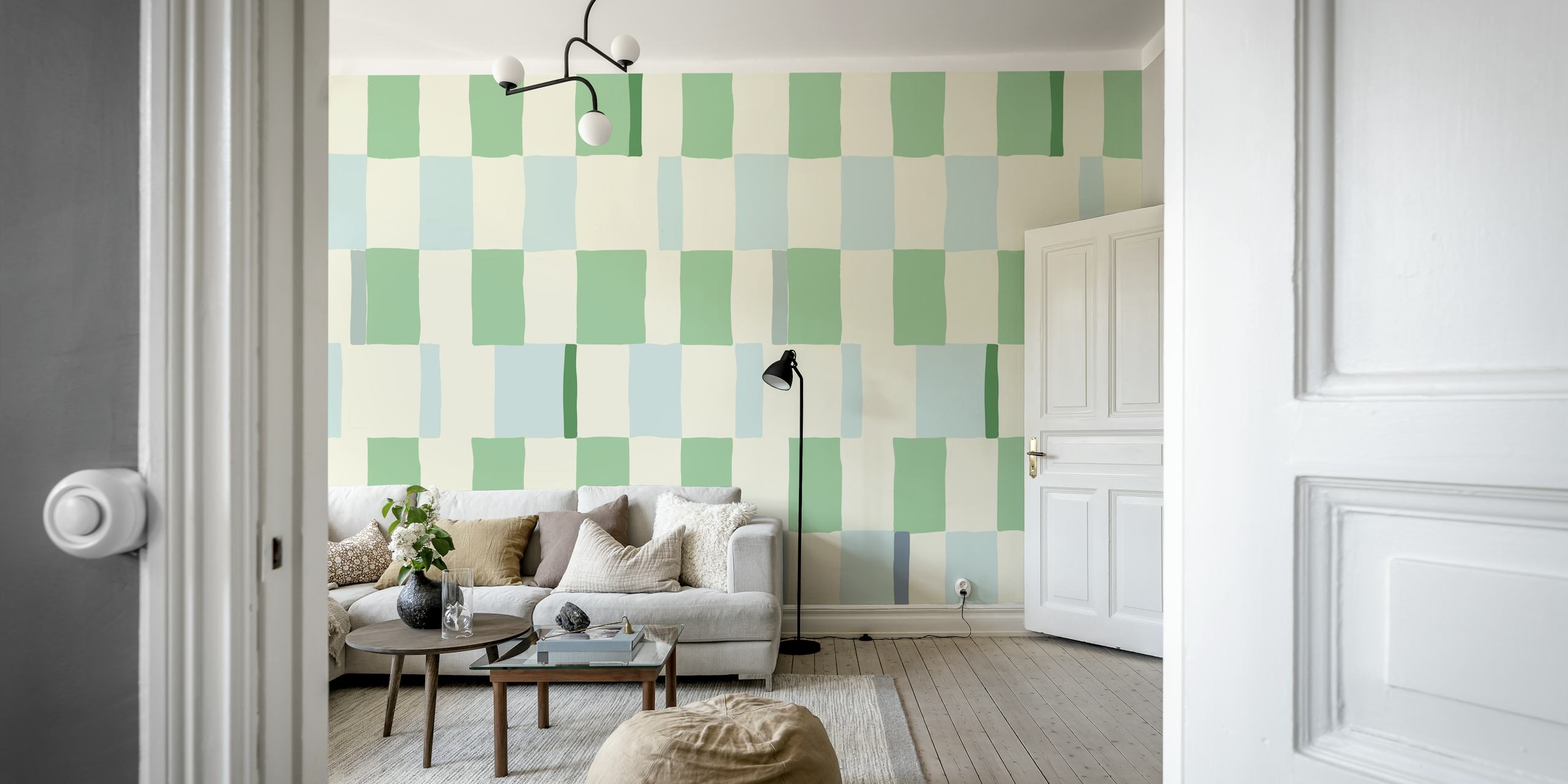 Summer check handdrawn mint wallpaper in a room