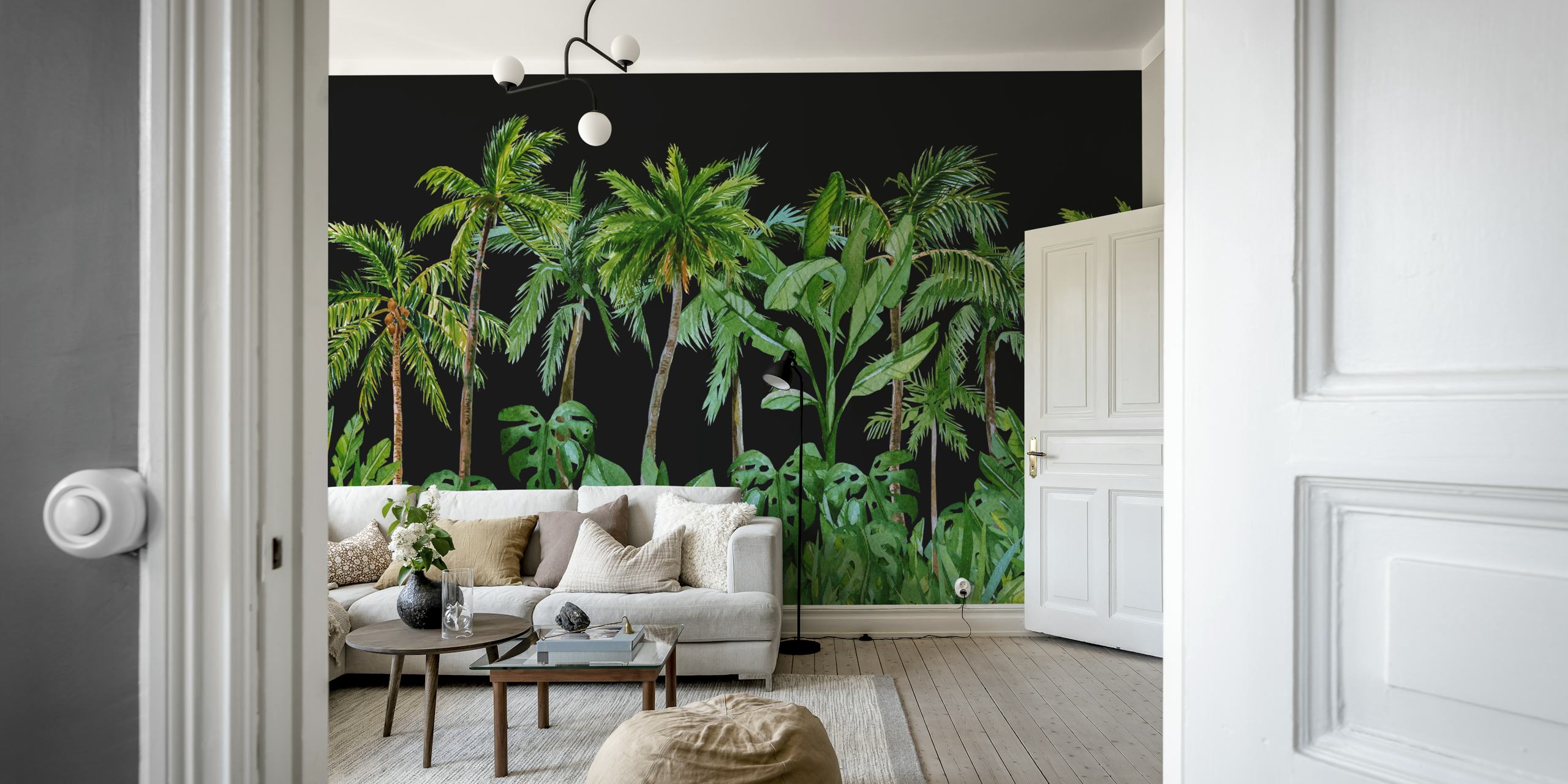 Tropical Palm Cove Black behang in een kamer