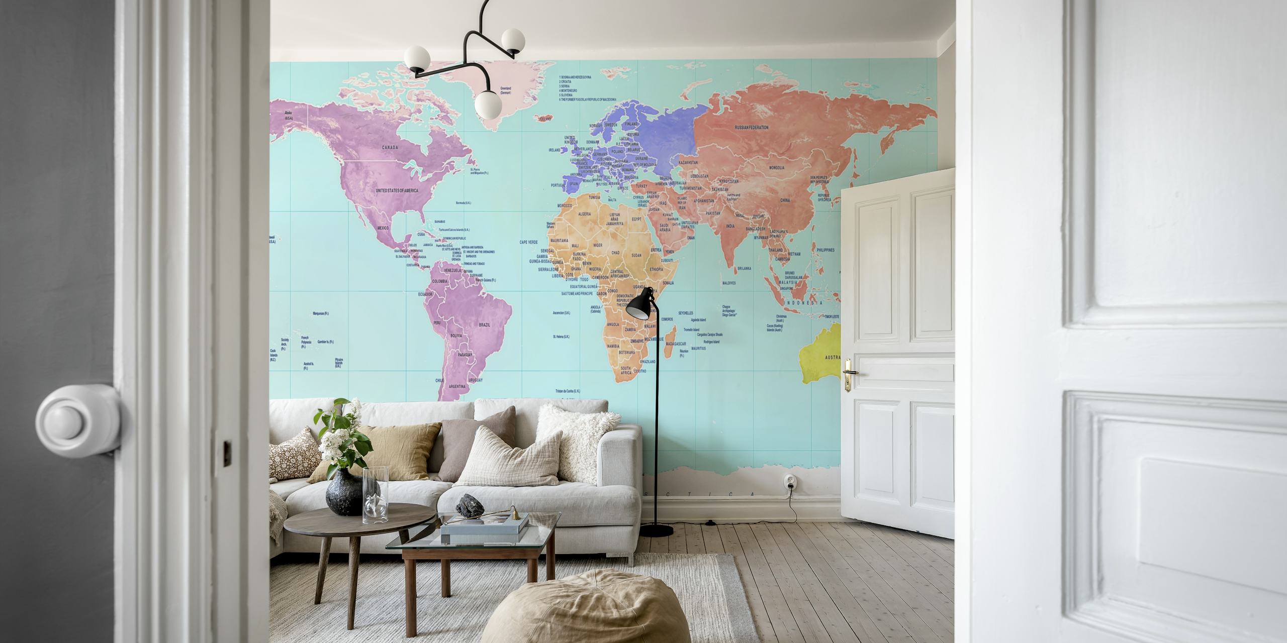 Colorful world map wallpaper with vibrant continents and oceans