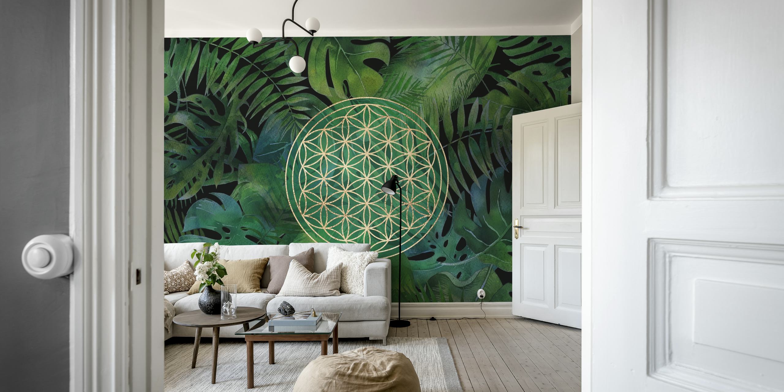 Tropical leaves with gold Flower of Life pattern wallpaper