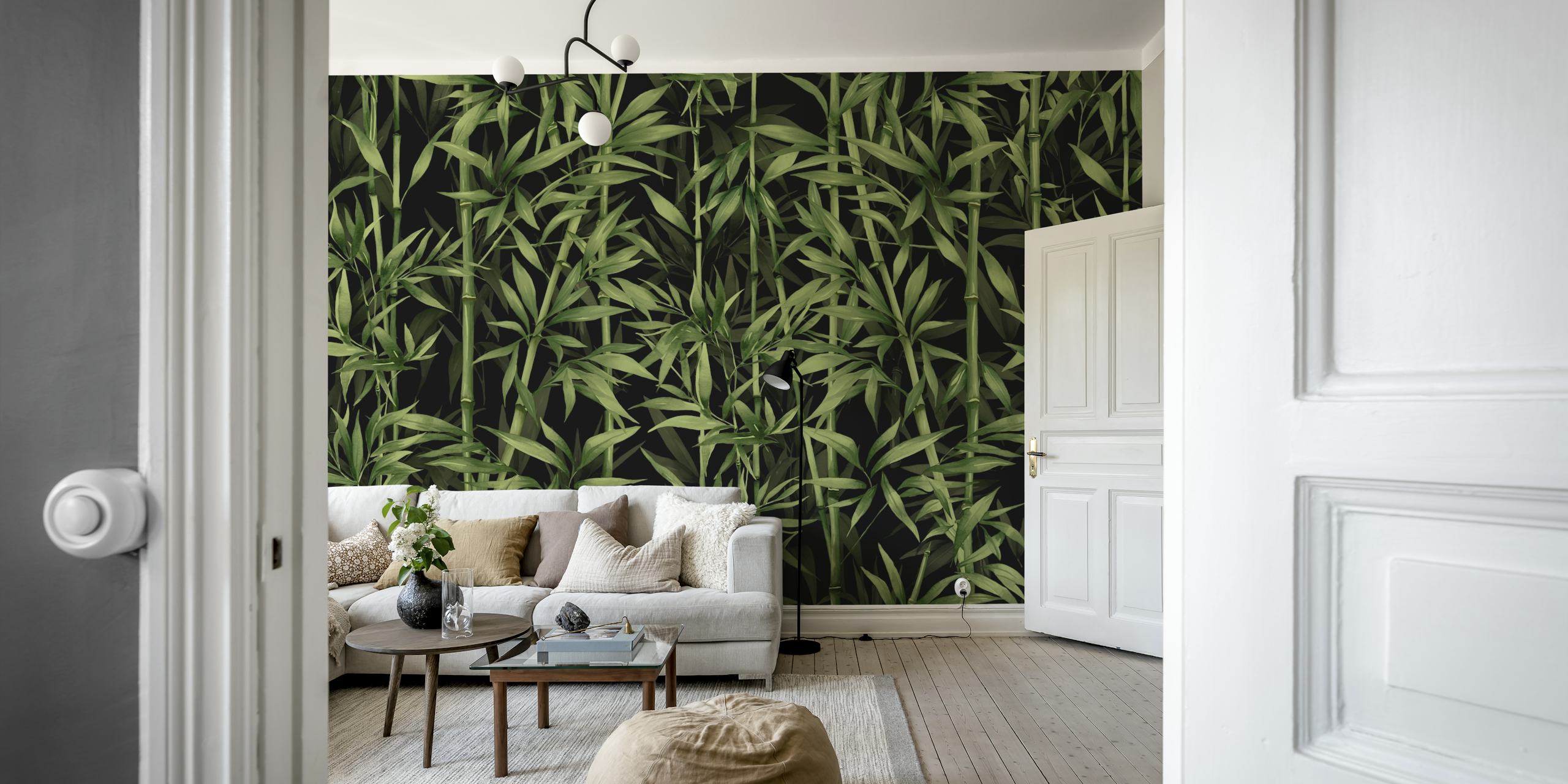 Green bamboo leaves on a dark background wallpaper