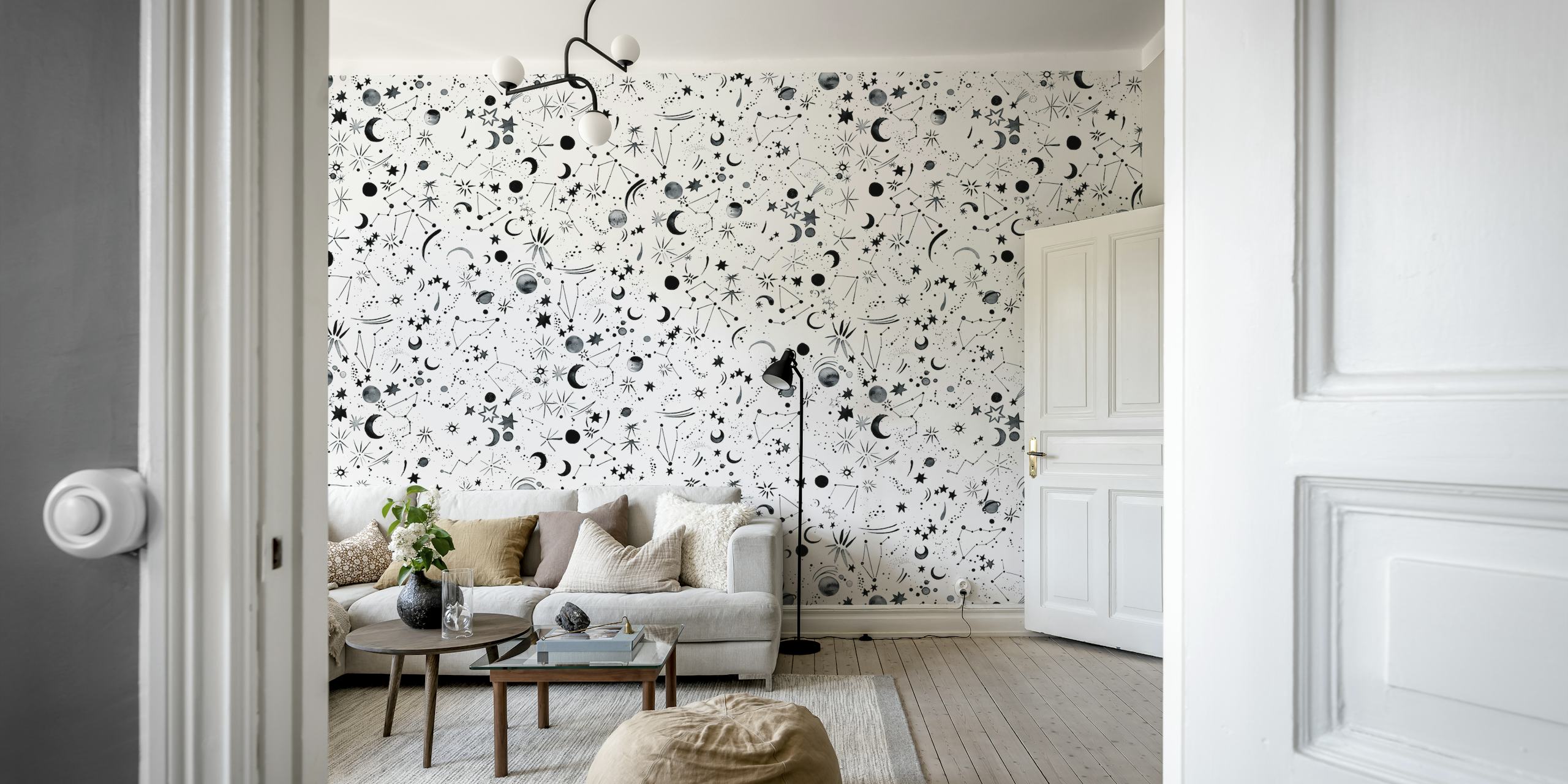 Schwarze Sternen und Mondmuster Tapete auf weißem Hintergrund