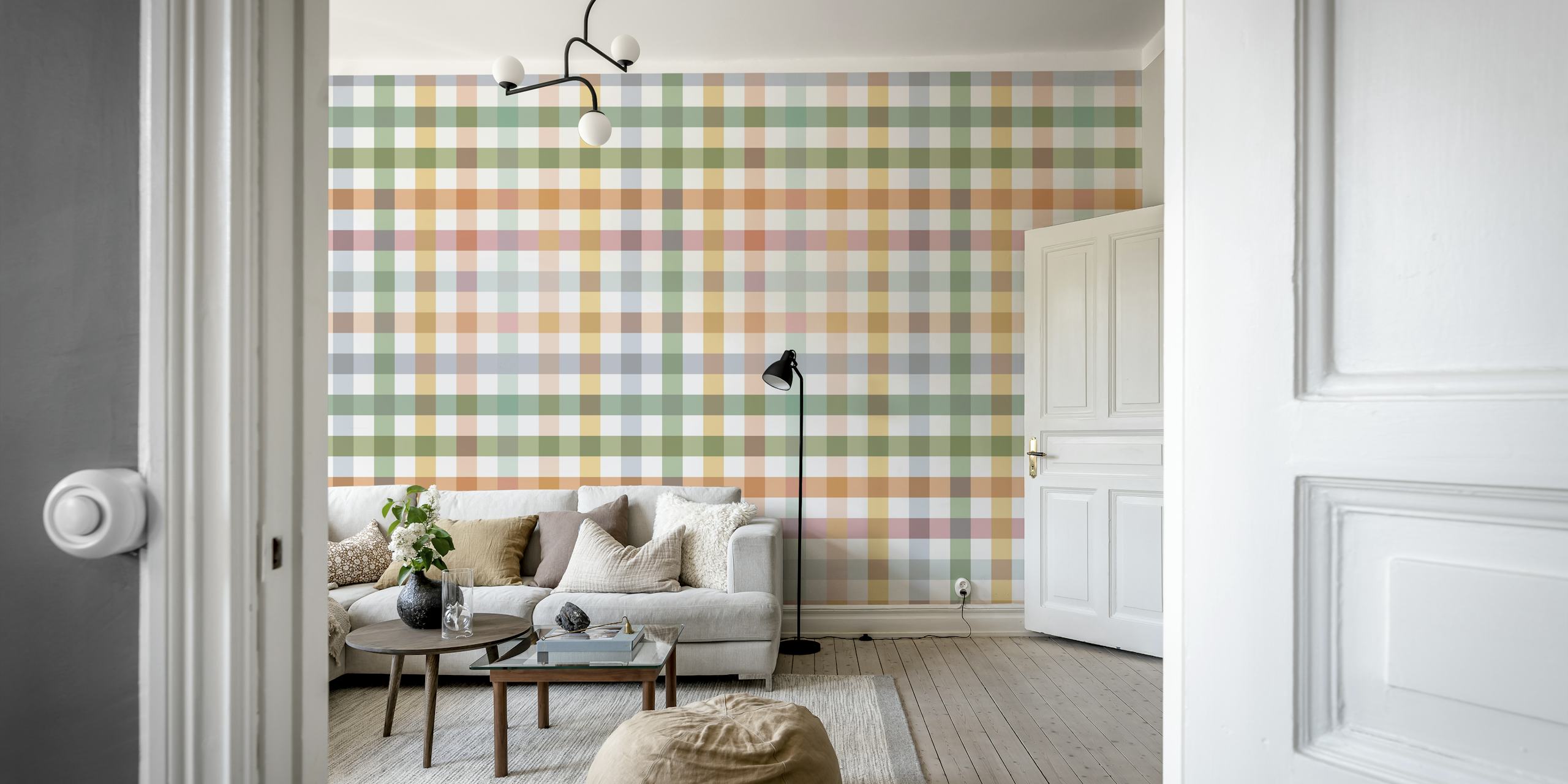 Colorful checkered pattern in green, orange, pink, and white wallpaper