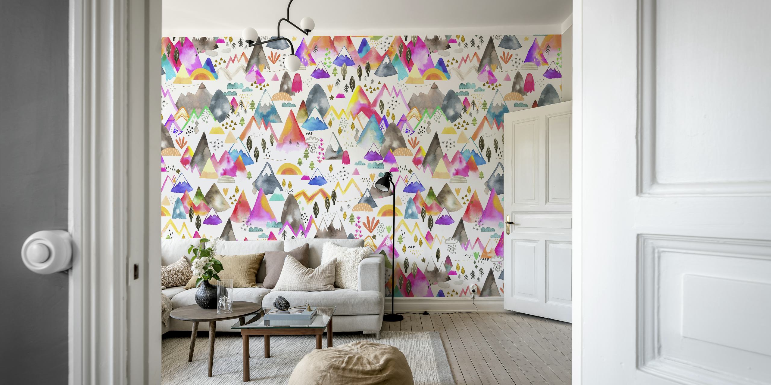 Colorful mountain illustrations in pink, blue, orange, and gray. Whimsical and artistic wallpaper.