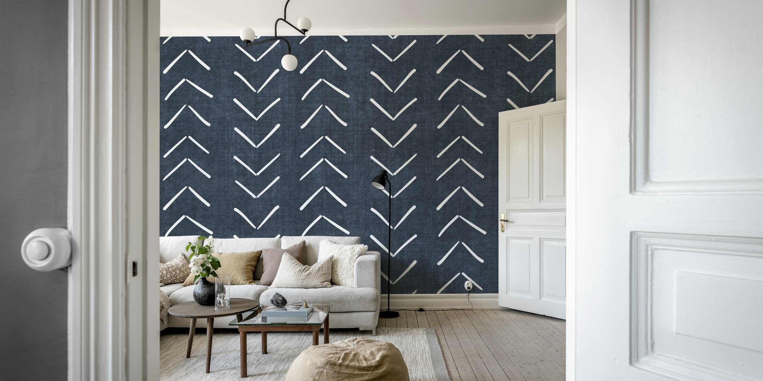 Marineblauw fotobehang met groot pijlpatroon voor een modern interieur