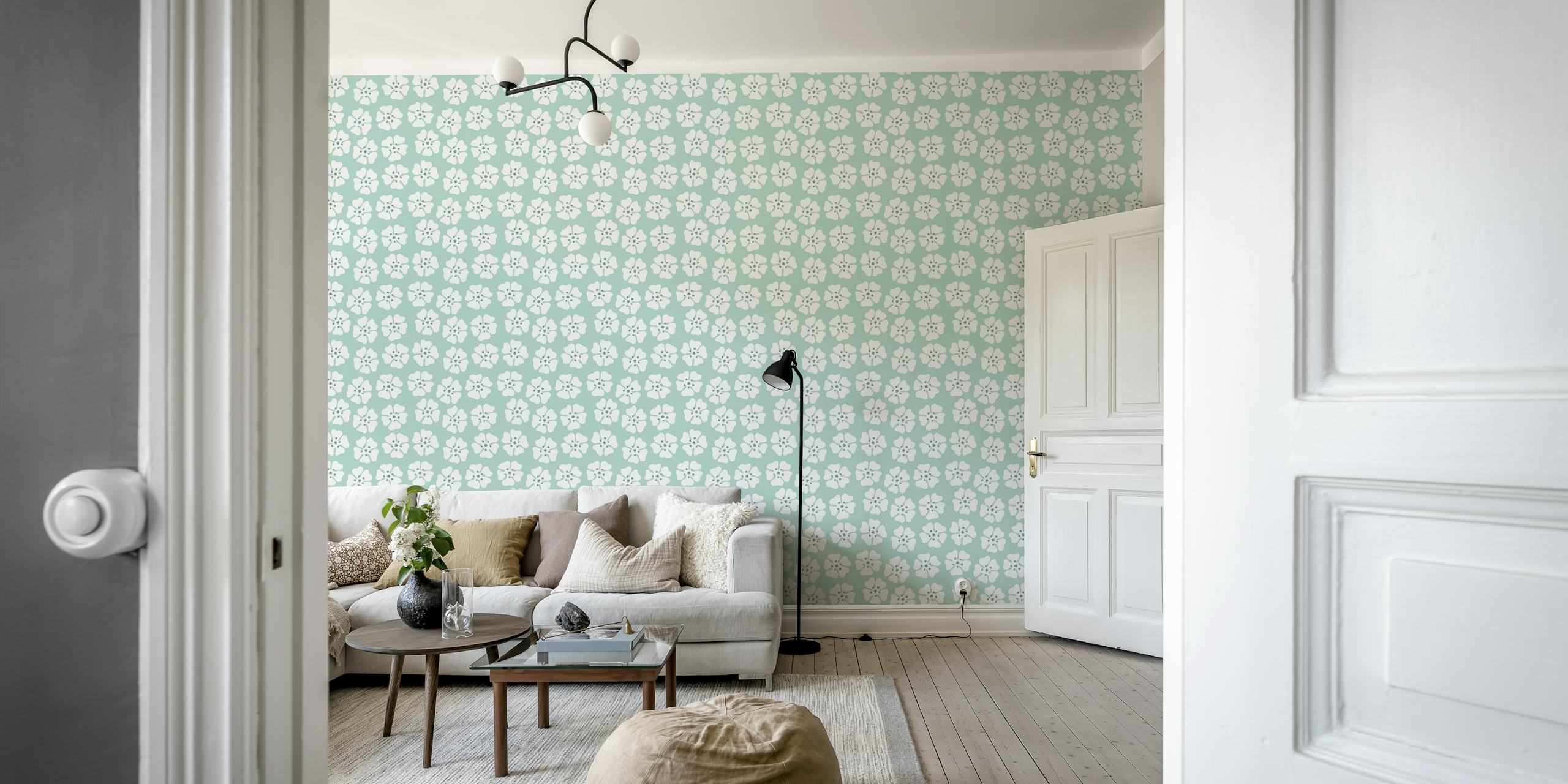 Minty floral wallpaper pattern displayed in a room