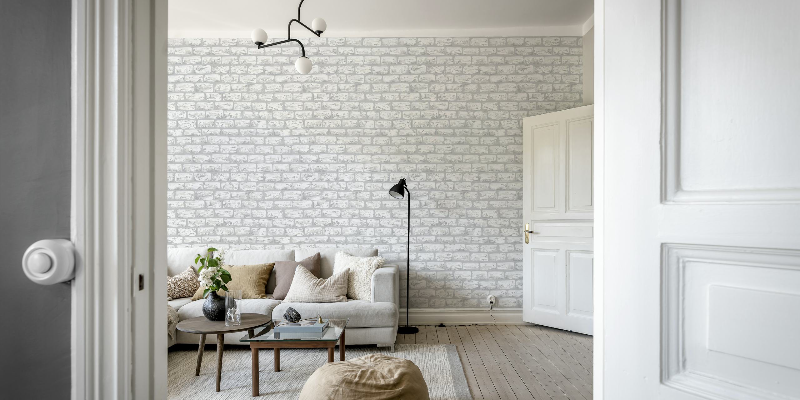 White brick wall pattern wallpaper in a light gray tone with realistic texture