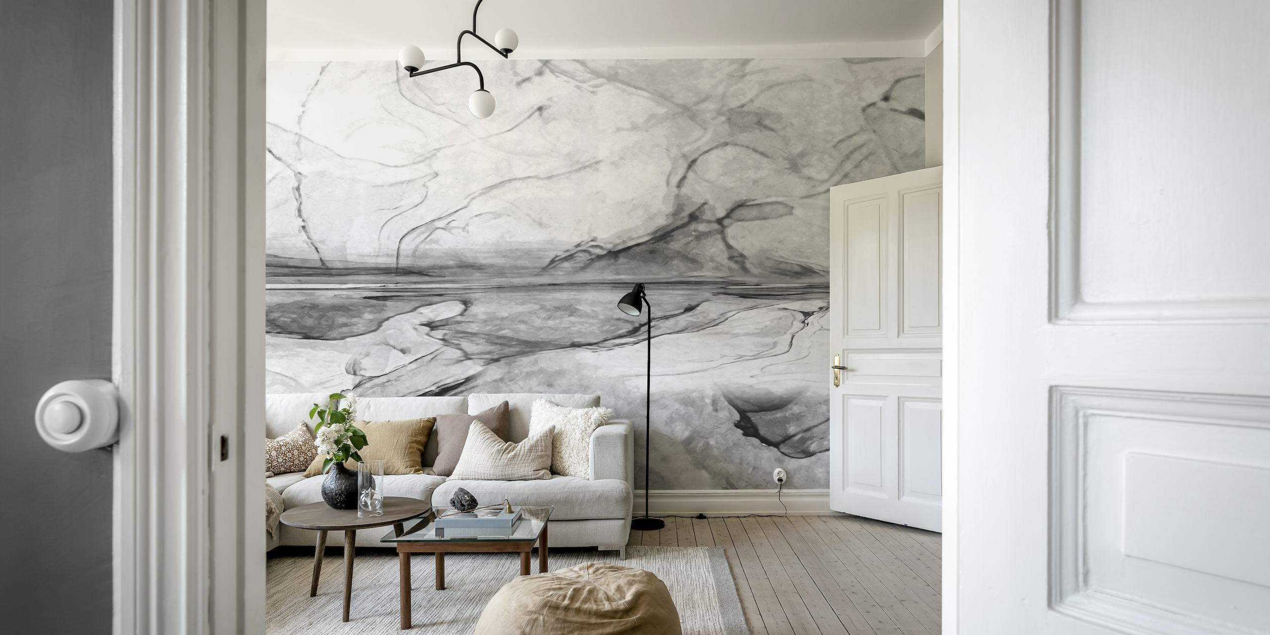 Monochromatic abstract design wall mural depicting natural stone patterns