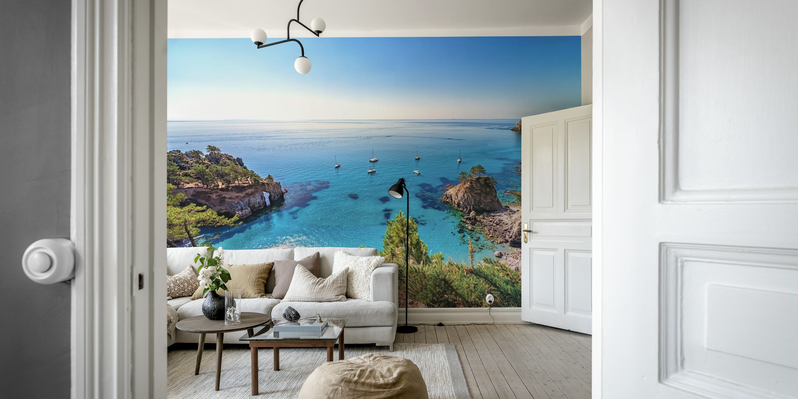 Ocean view with boats and green shoreline wallpaper