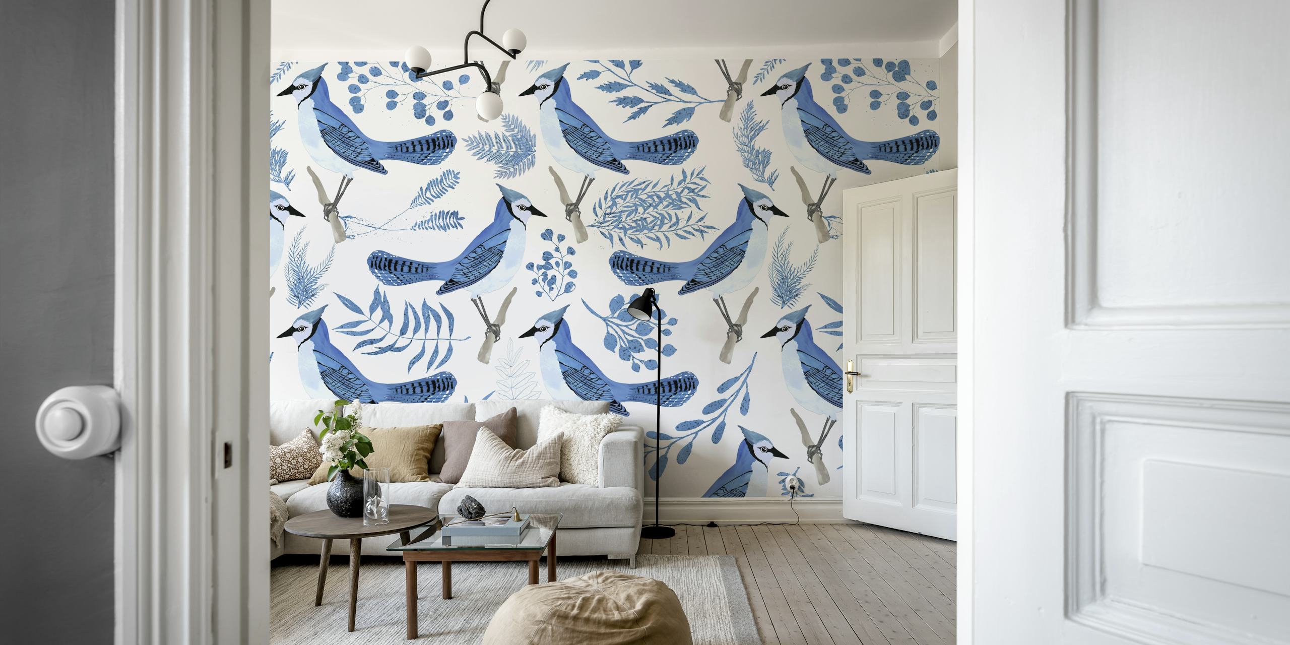 Blue Jay birds and foliage pattern in blue on white wallpaper