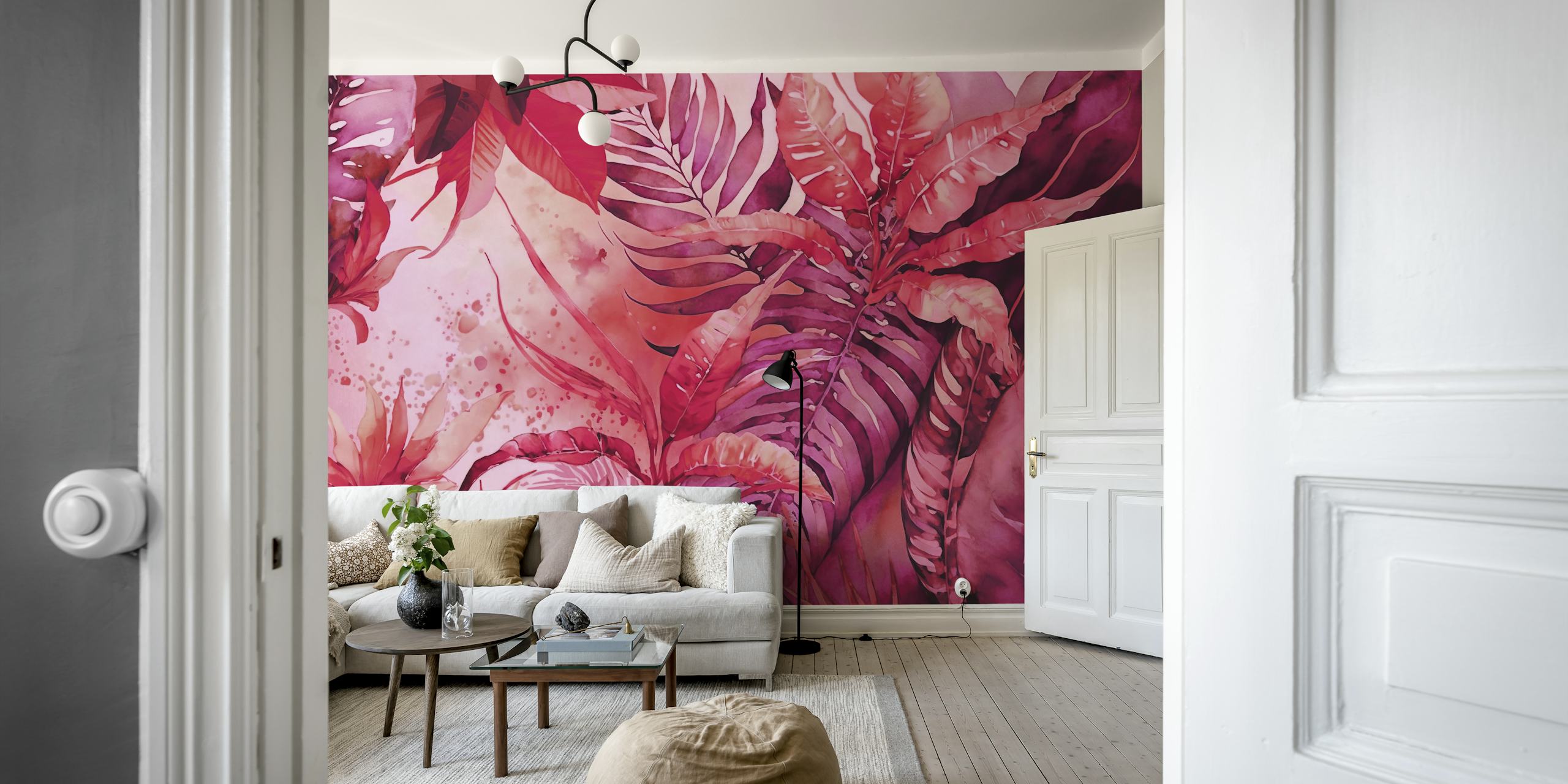 Tropical foliage in vibrant pinks and reds wallpaper