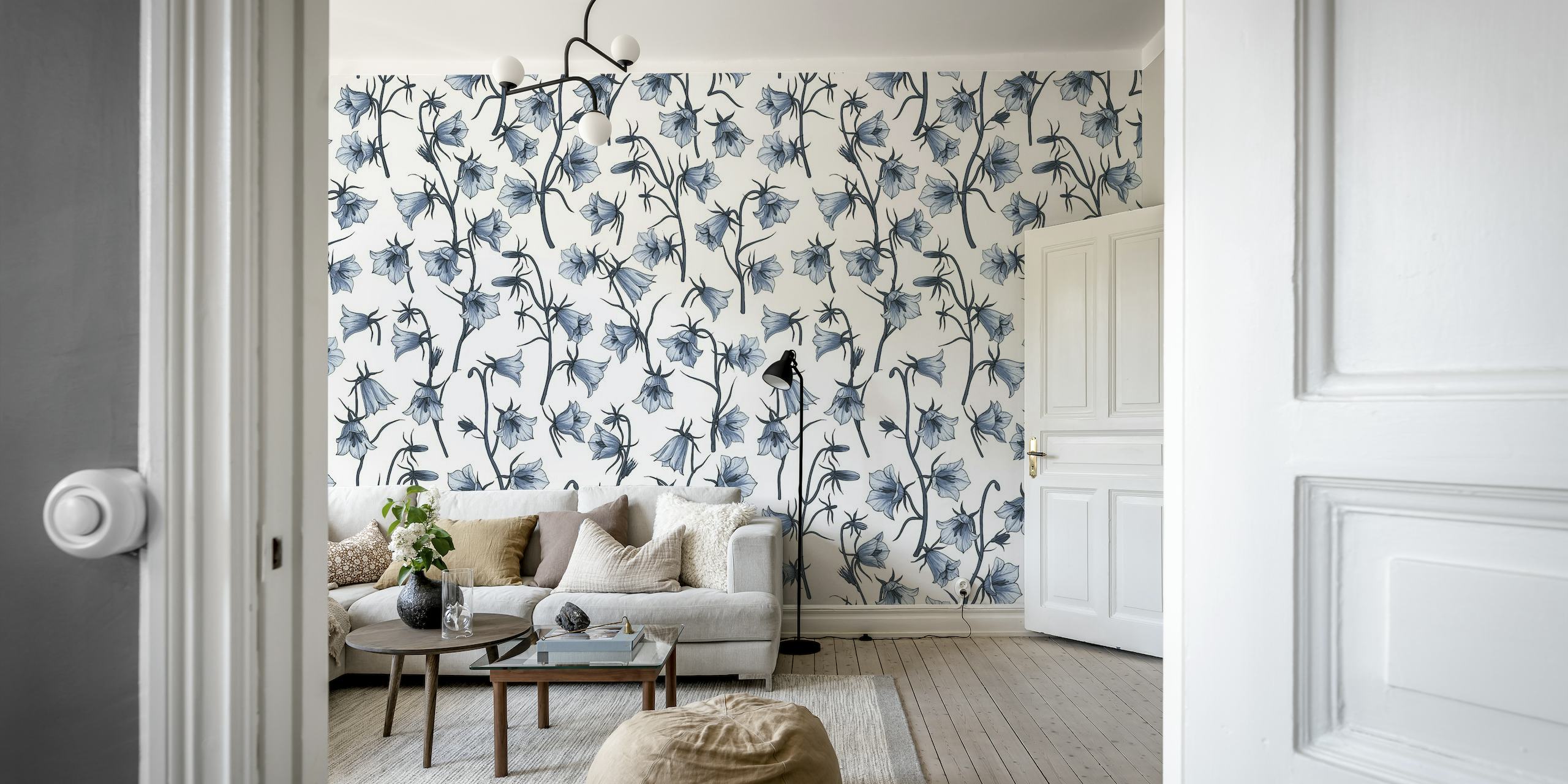 Bellflowers in blue and white wallpaper