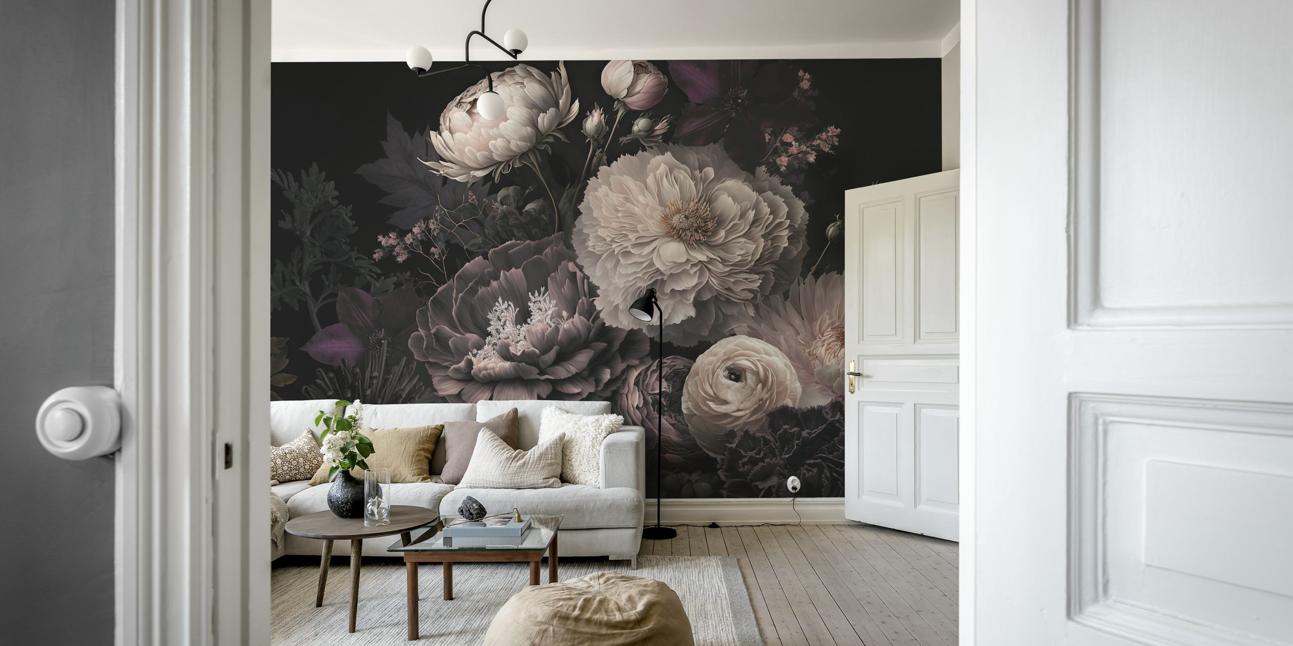Dark moody floral wallpaper featuring peonies and blossoms in deep tones