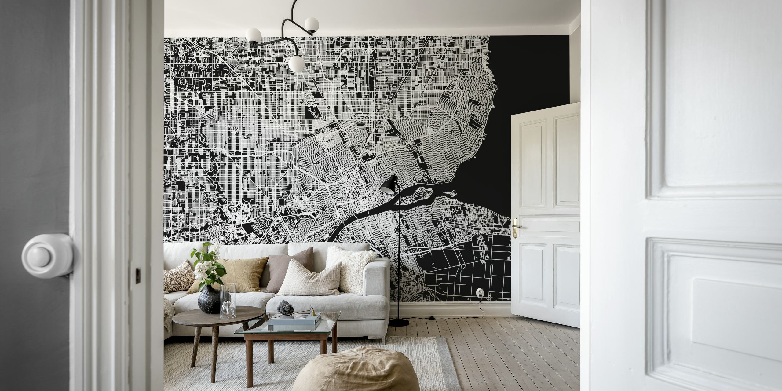 Black and white city map wallpaper with detailed street layout