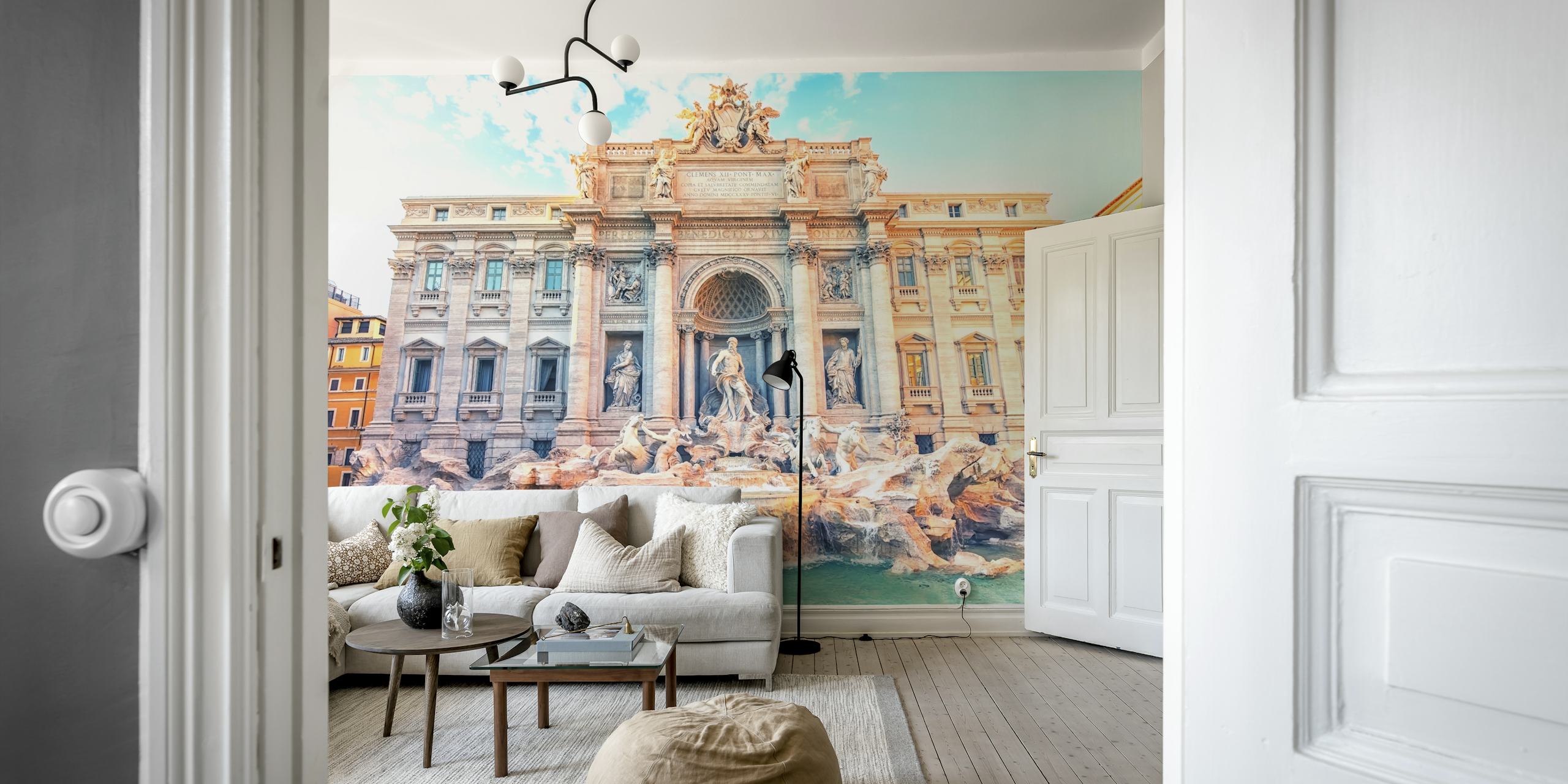 Trevi Fountain wall mural featuring soft colors and historical architecture