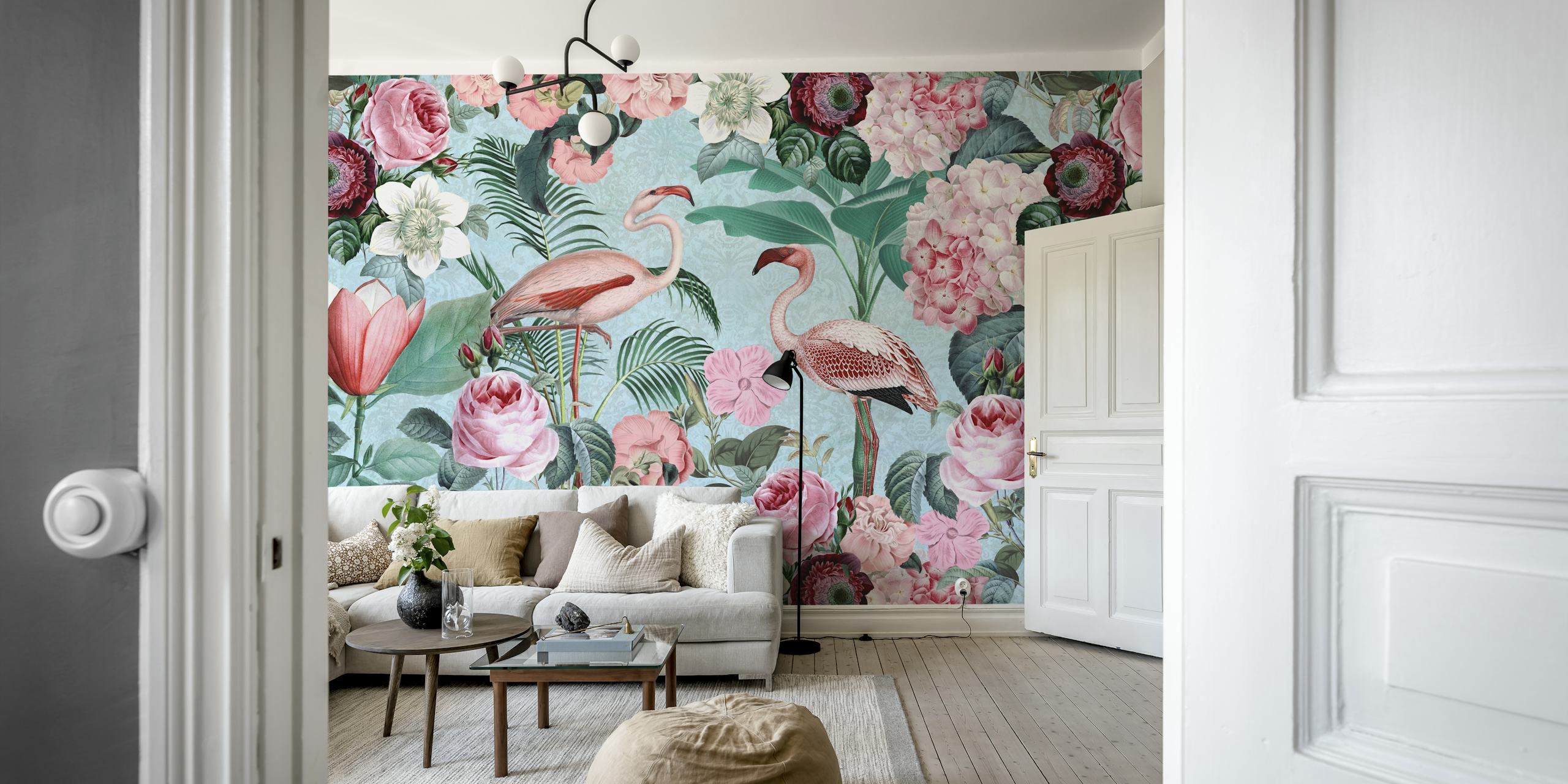 Flamingo Paradise wall mural with pink flamingos and colorful flowers