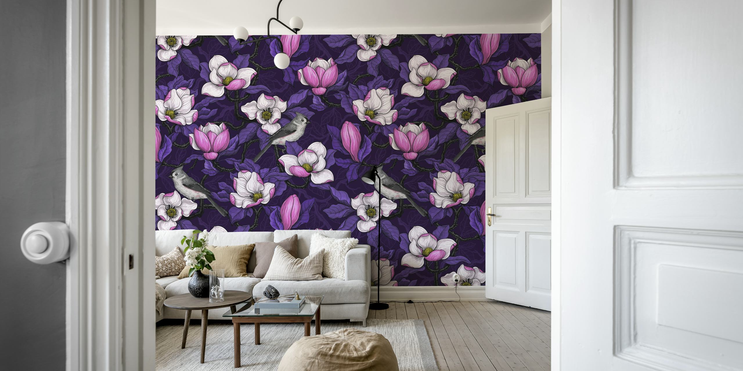 Blooming magnolia i ptak na ciemnej tapecie