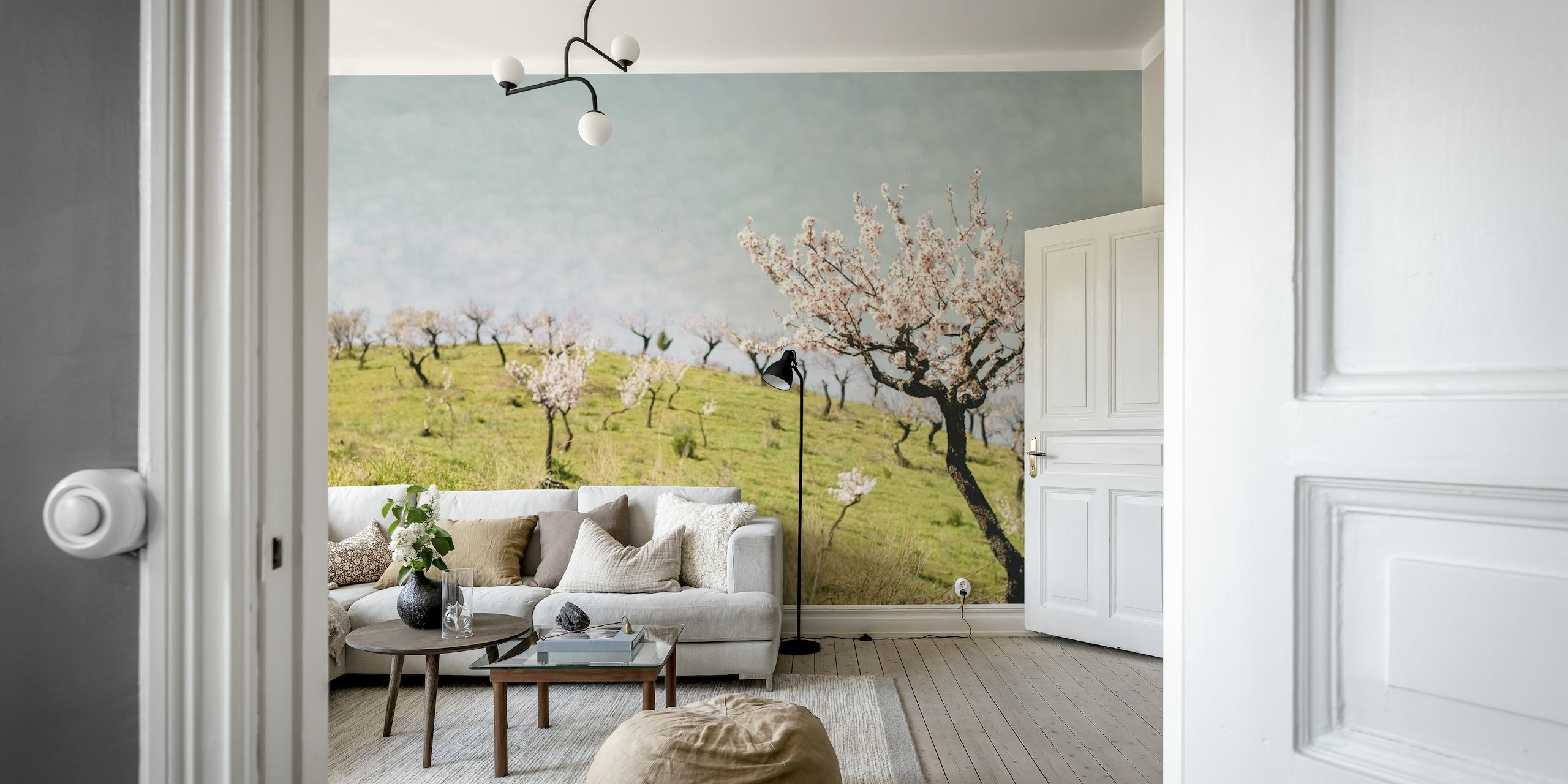 Tree Landscape with Spring Blossom Flowers papel pintado