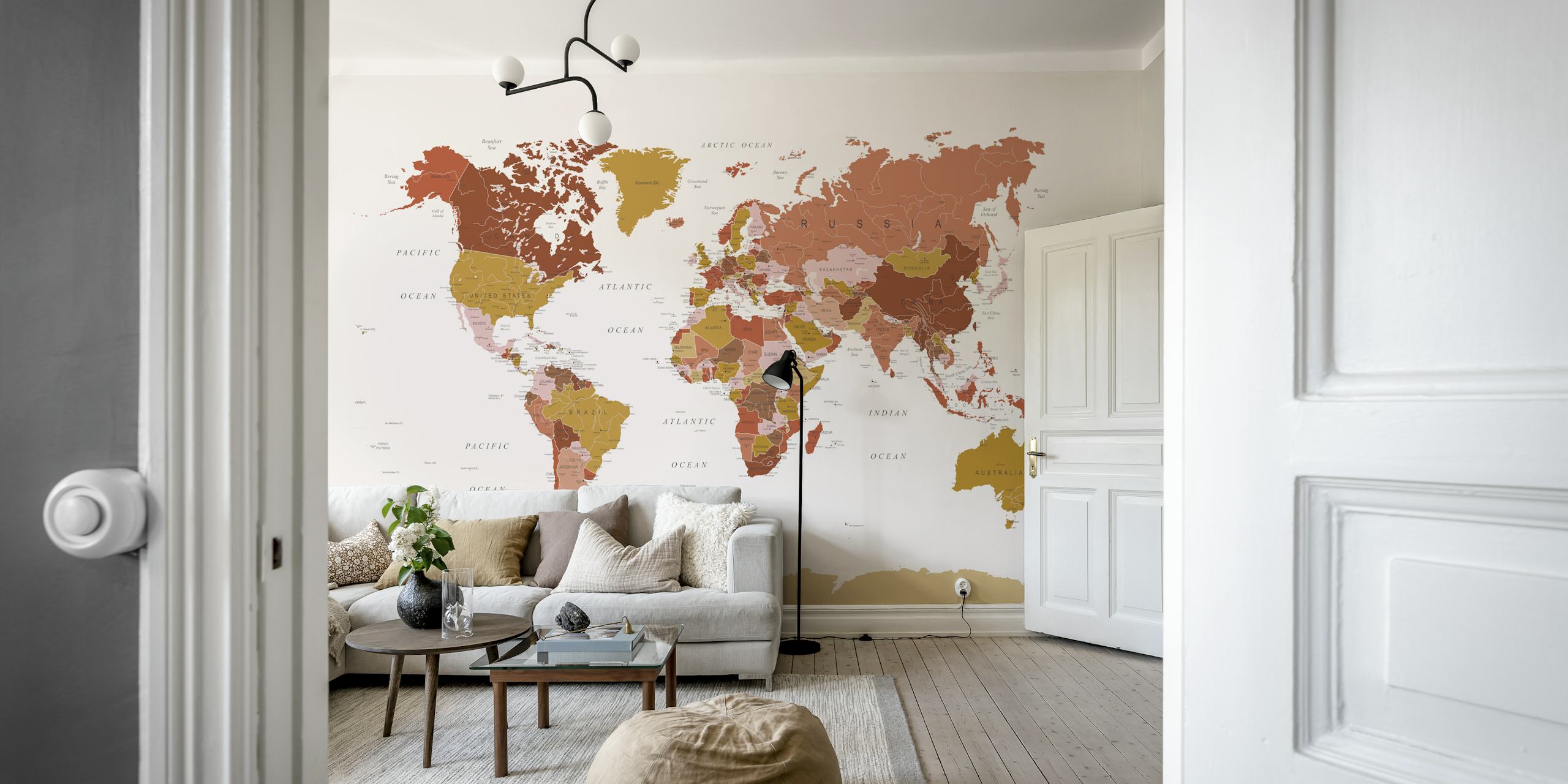 Papel pintado World Map Mustard Pink en una habitación