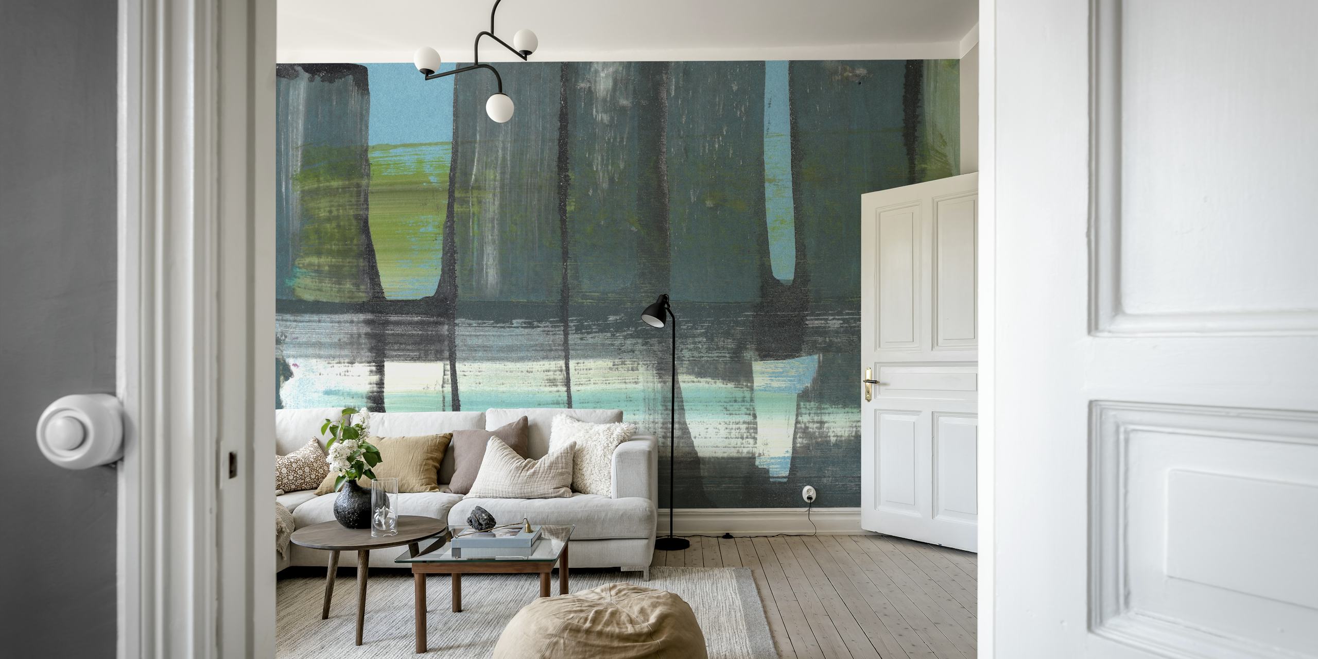 Papel pintado abstracto teal en la configuración de la habitación