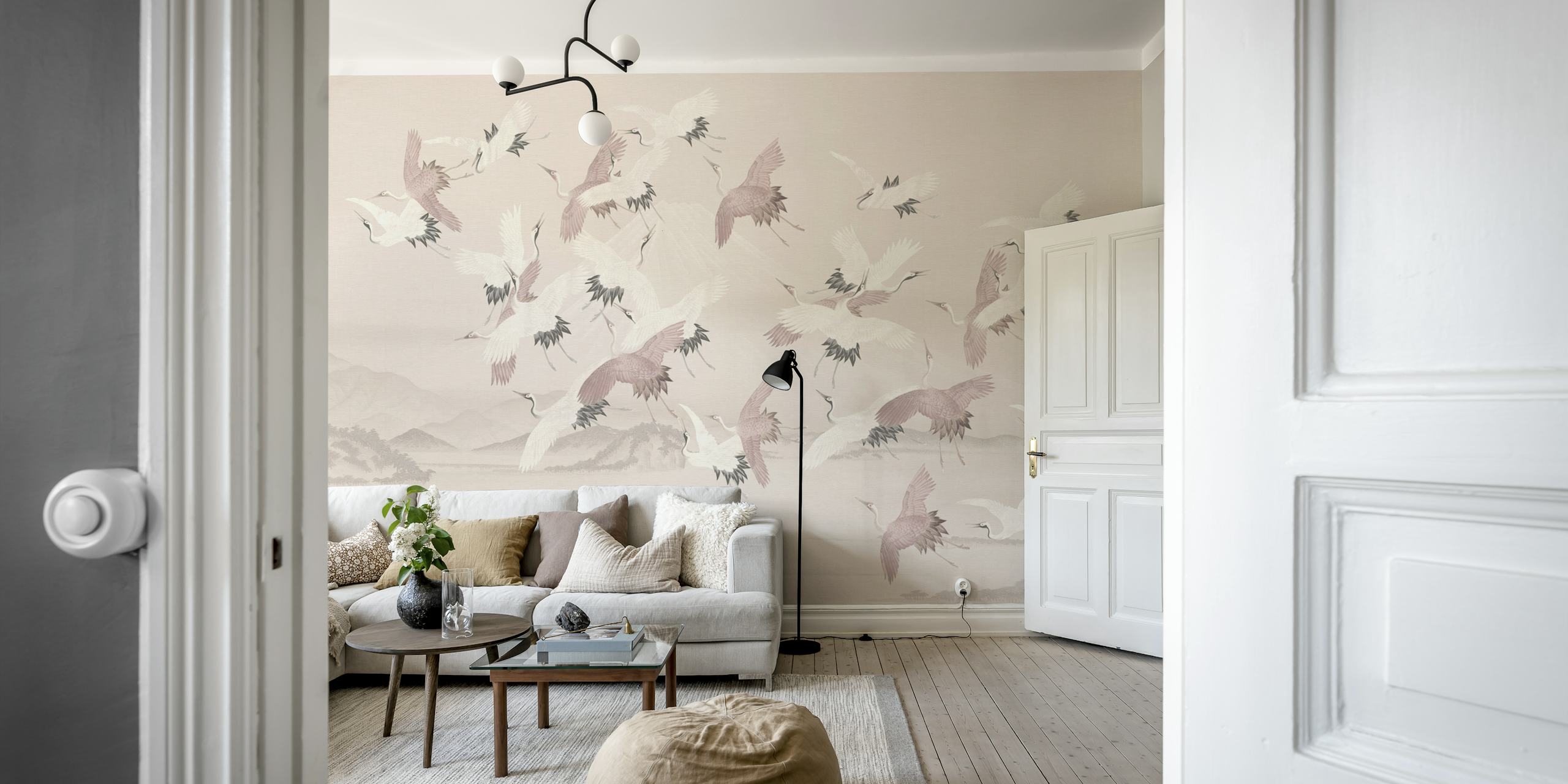 Flying vintage crane birds papier peint dans une pièce