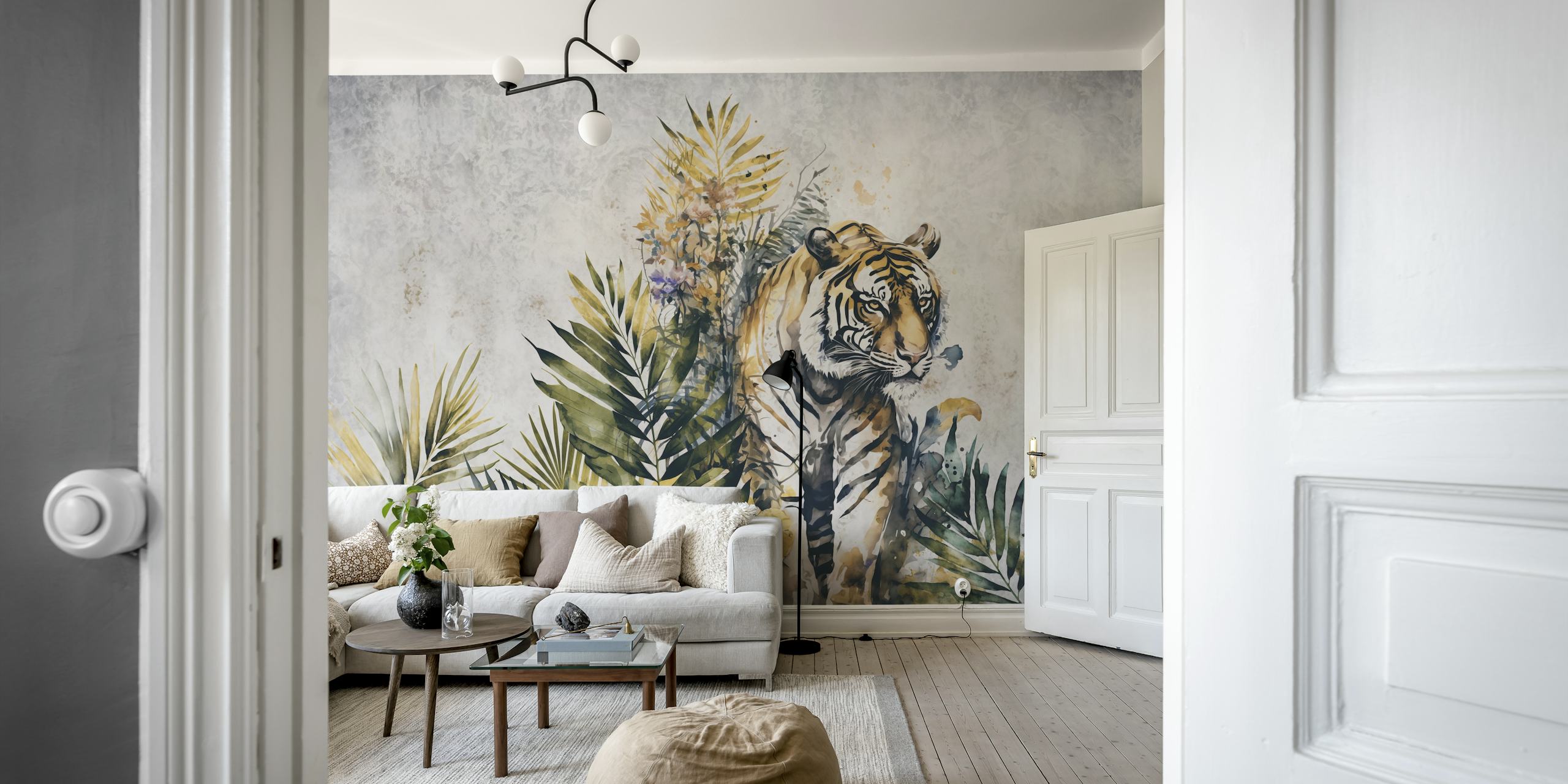 Tiger amidst green tropical leaves on textured wallpaper