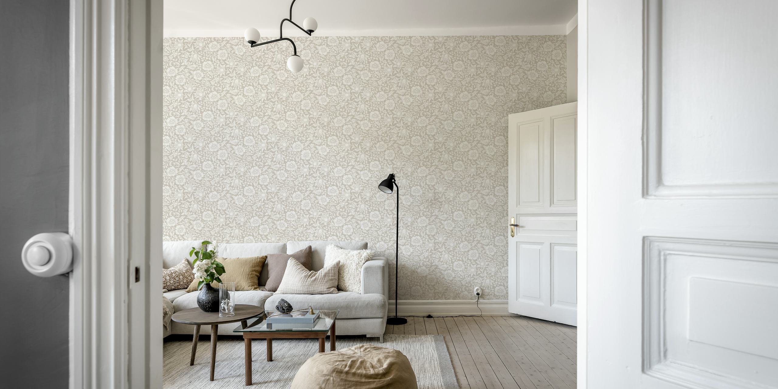 Neutral peonies foliage beige wallpaper in a room