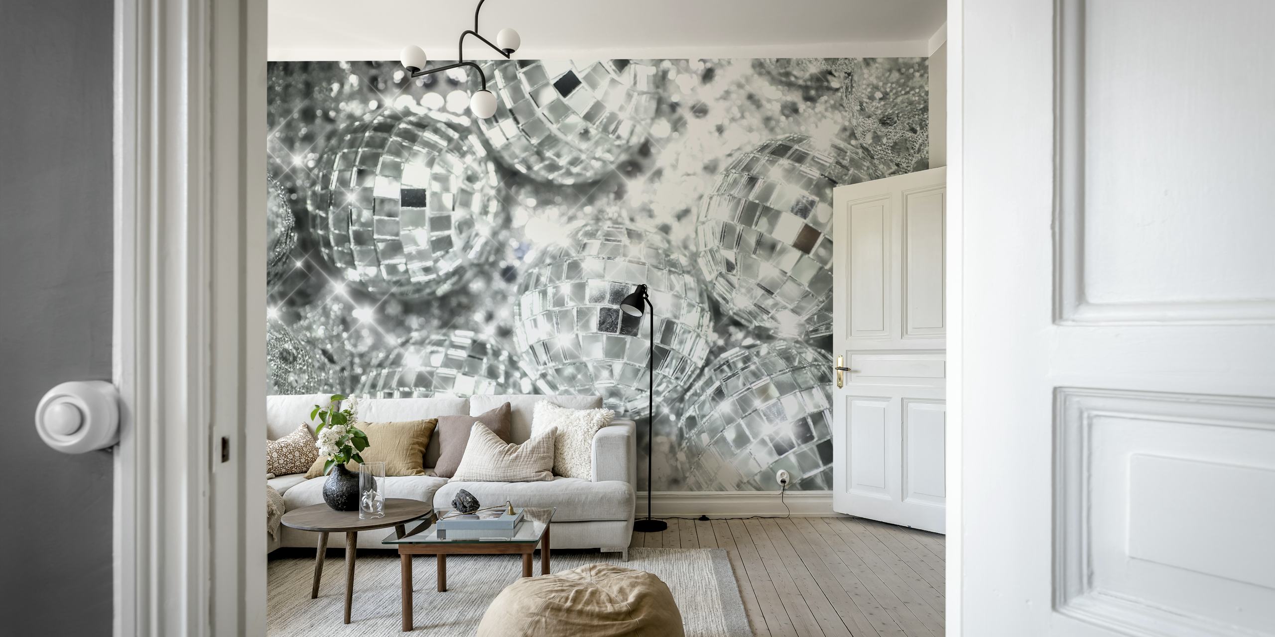 Shiny disco balls surrounded by glittery silver backdrop wallpaper