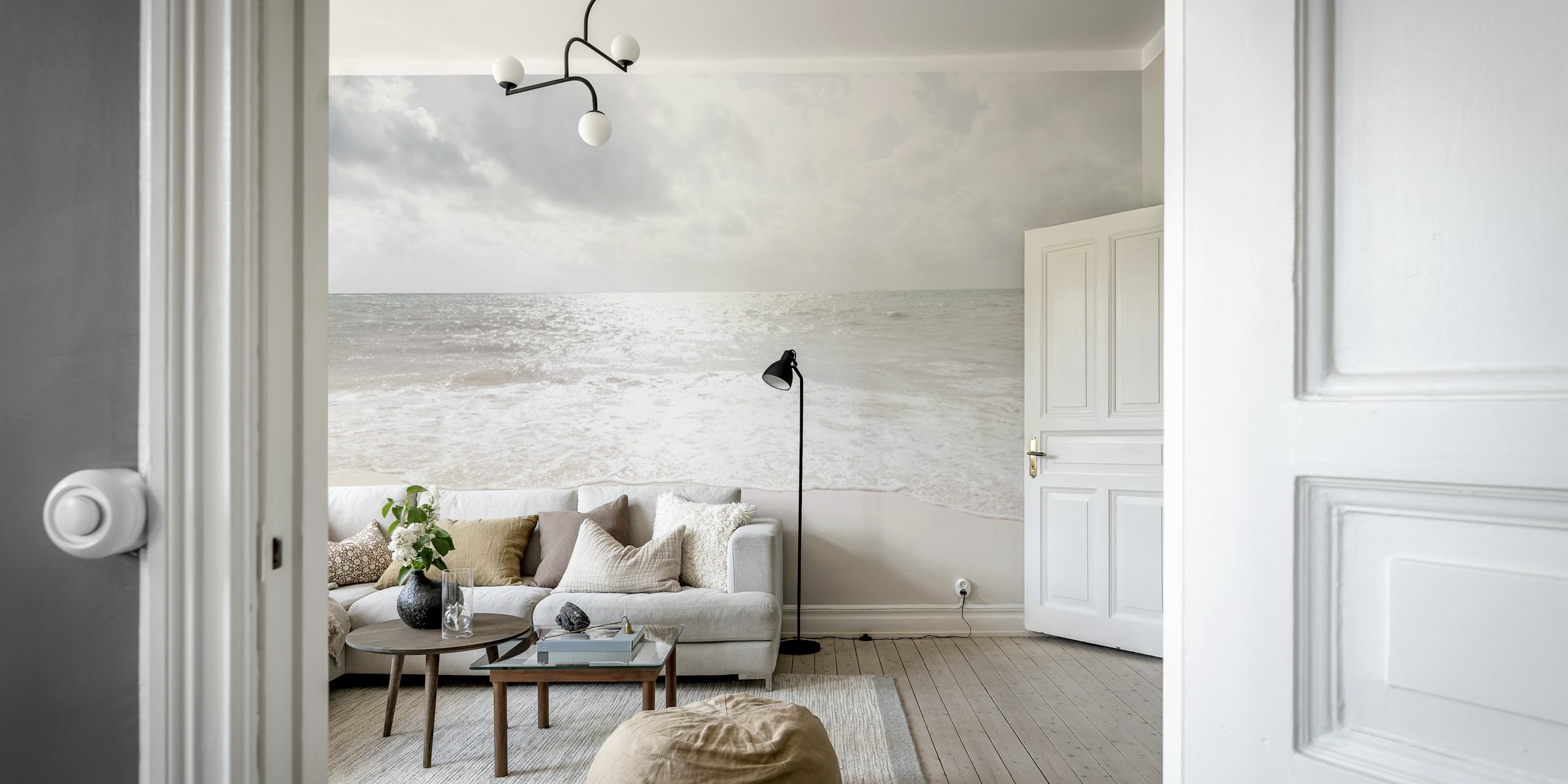 Serene Caribbean beach wall mural with soft white sands and calm blue ocean waters extending to the horizon.