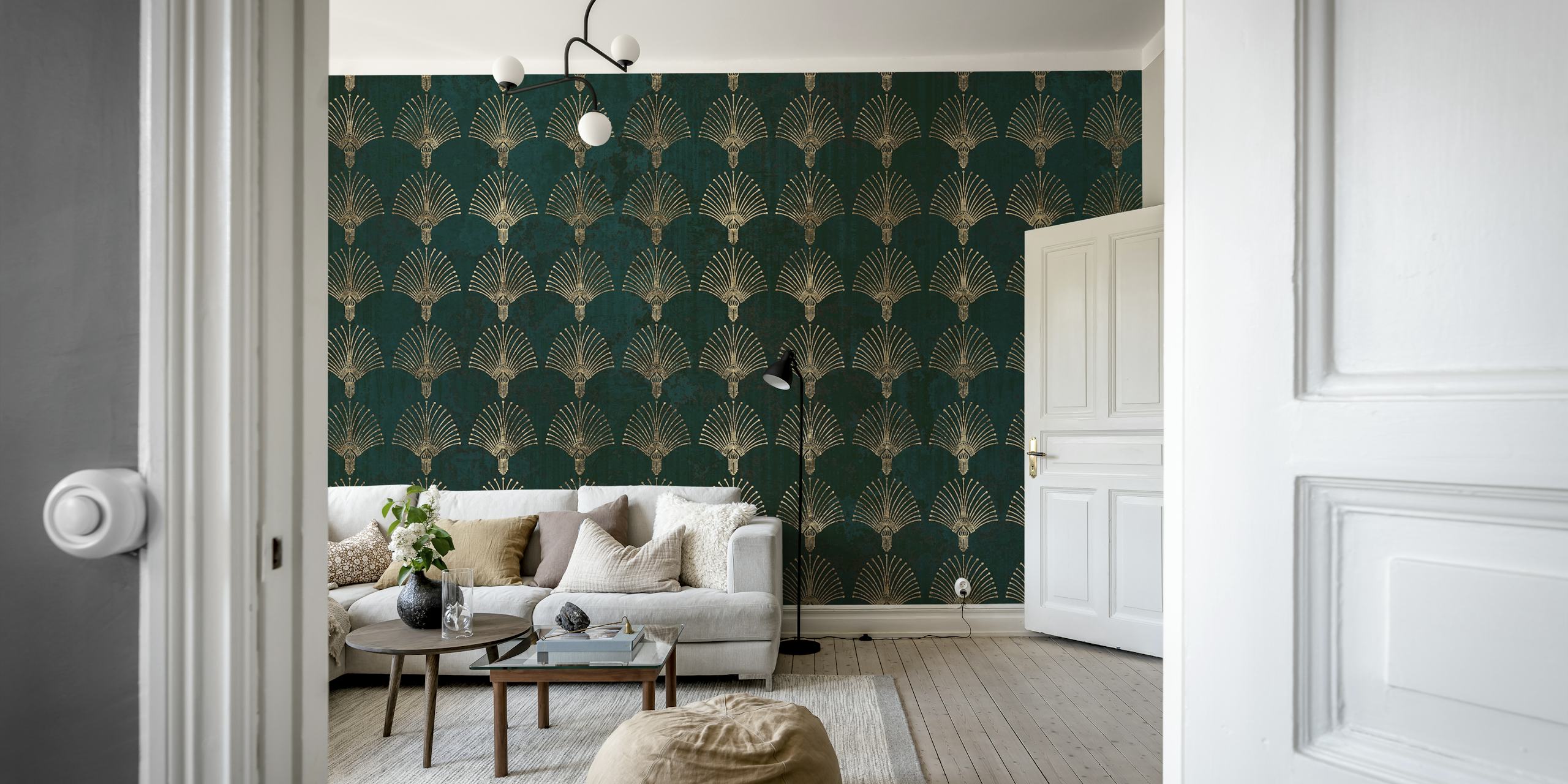Ταπετσαρία Elegant Art Deco Golden Teal σε ένα δωμάτιο