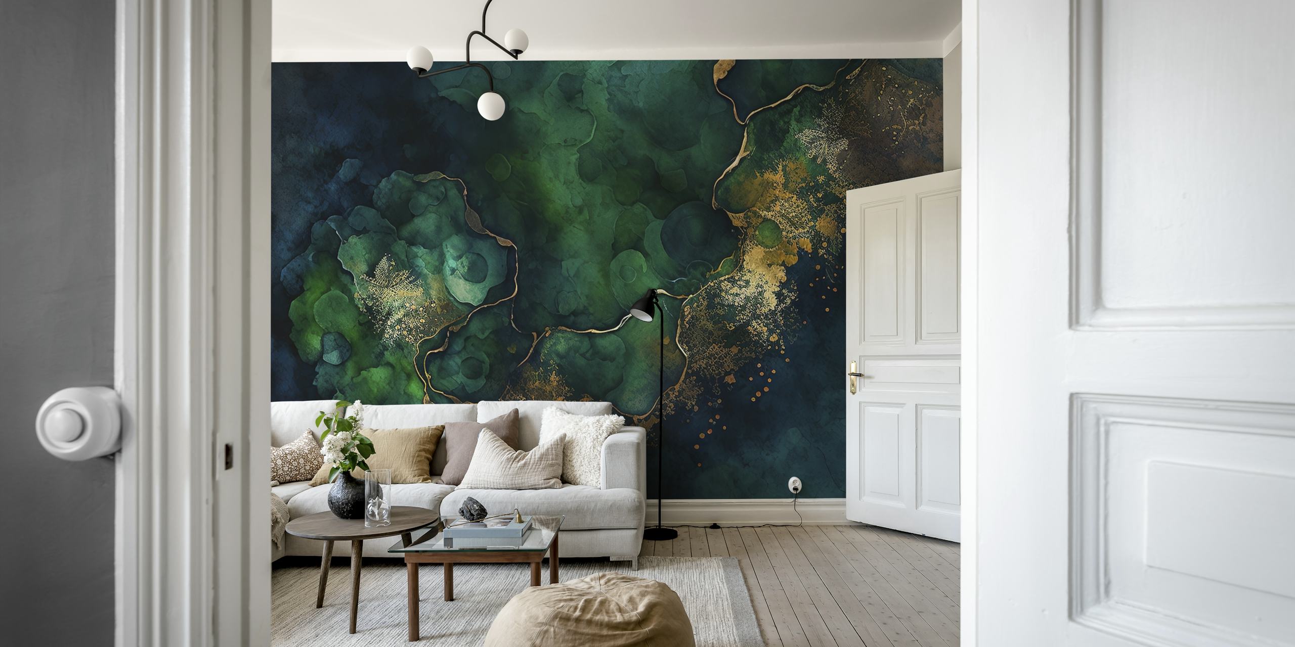 Dark Moody Mystic Marble veggmaleri med virvlende blå og grønne farger med aksenter av jordfarger