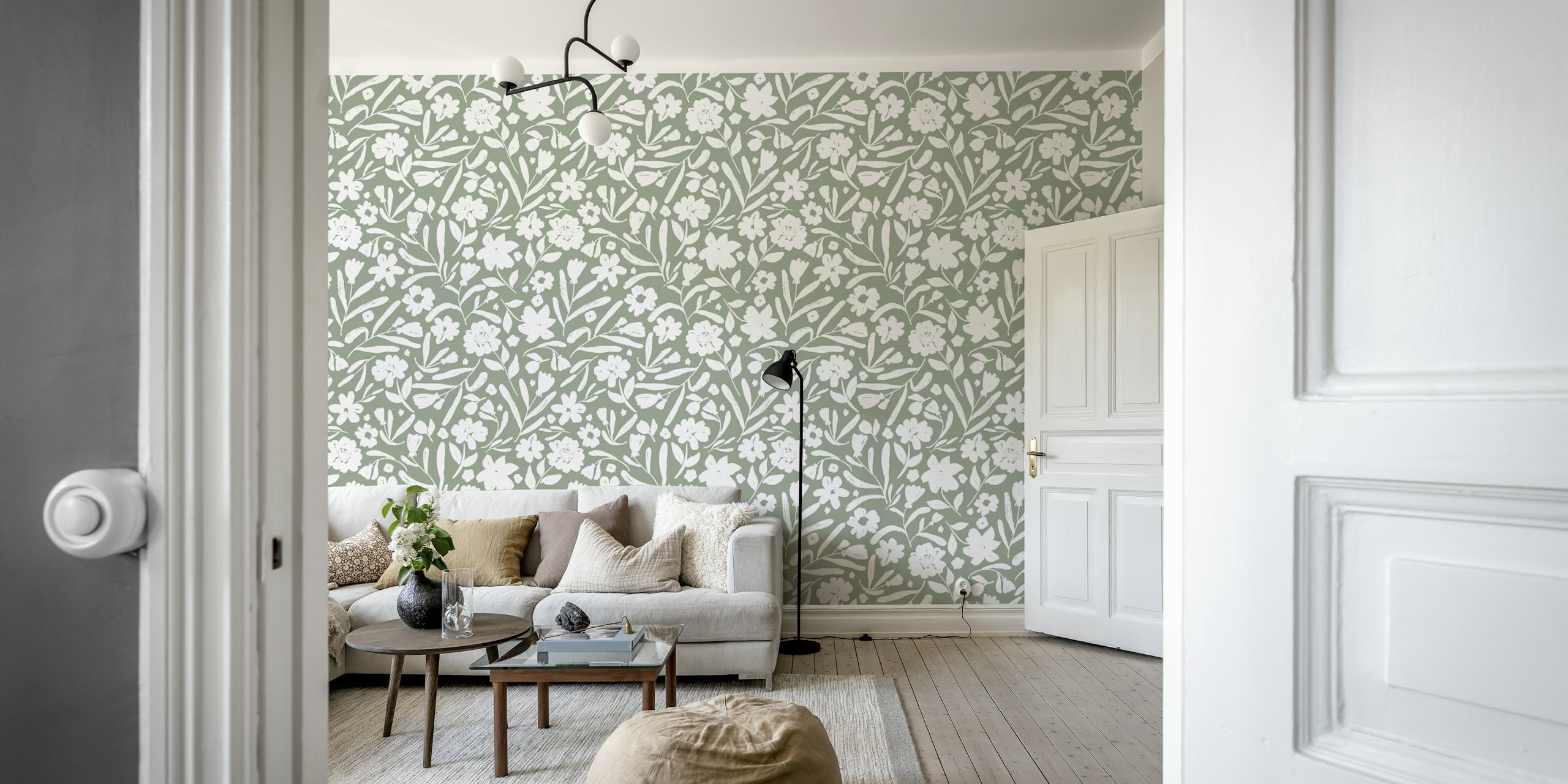 papier peint floral monochrome vert
