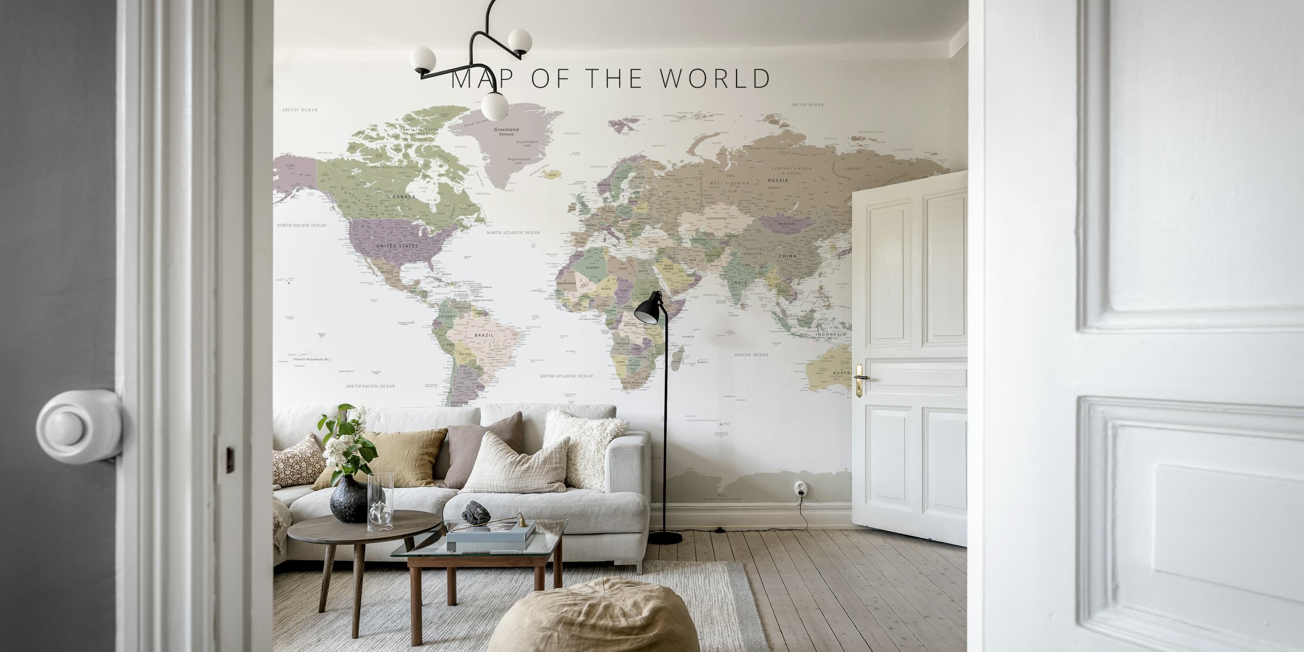 World map in muted colors including beige and green tones wallpaper