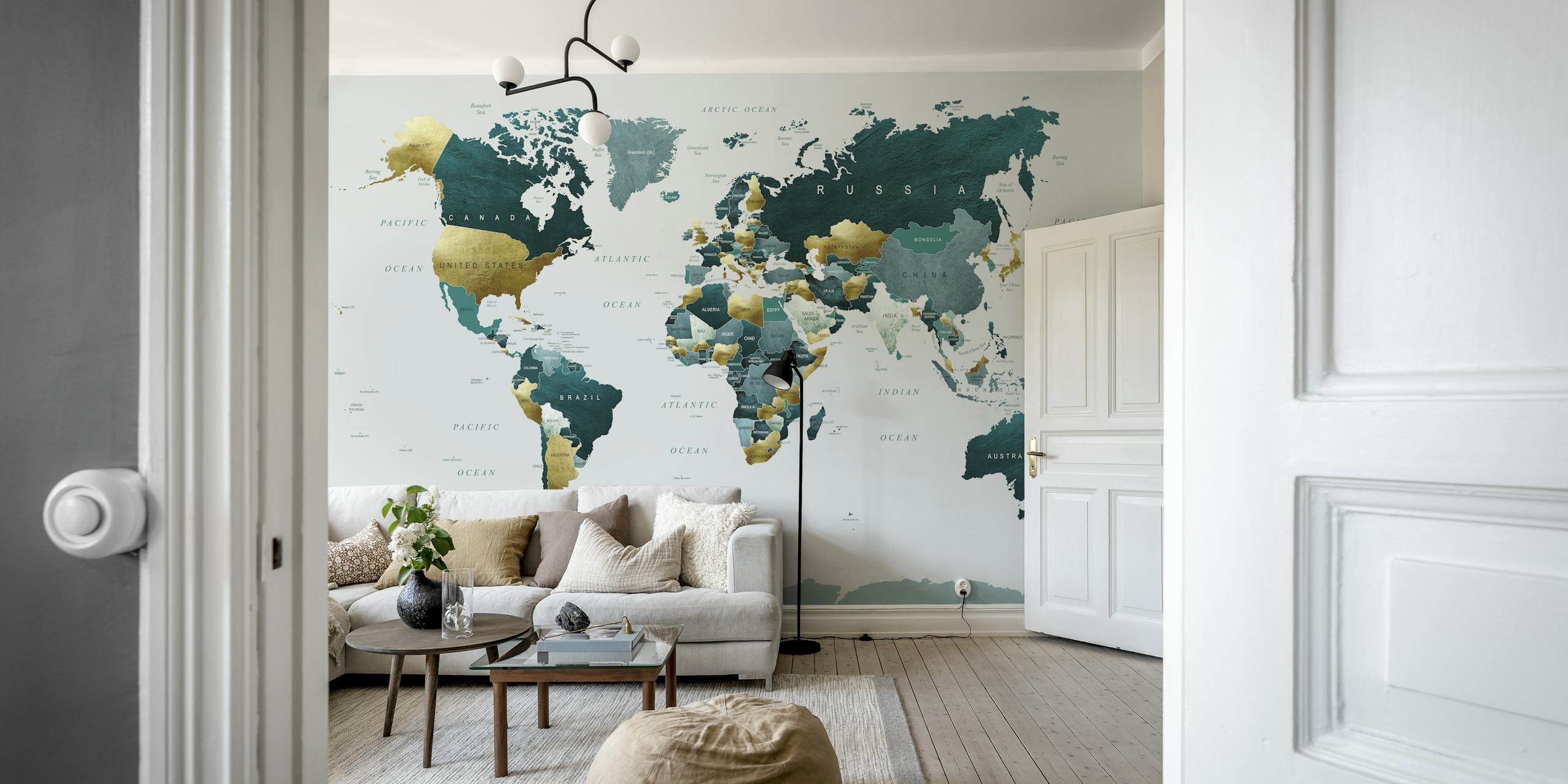 Teal and gold world map wallpaper with countries labeled