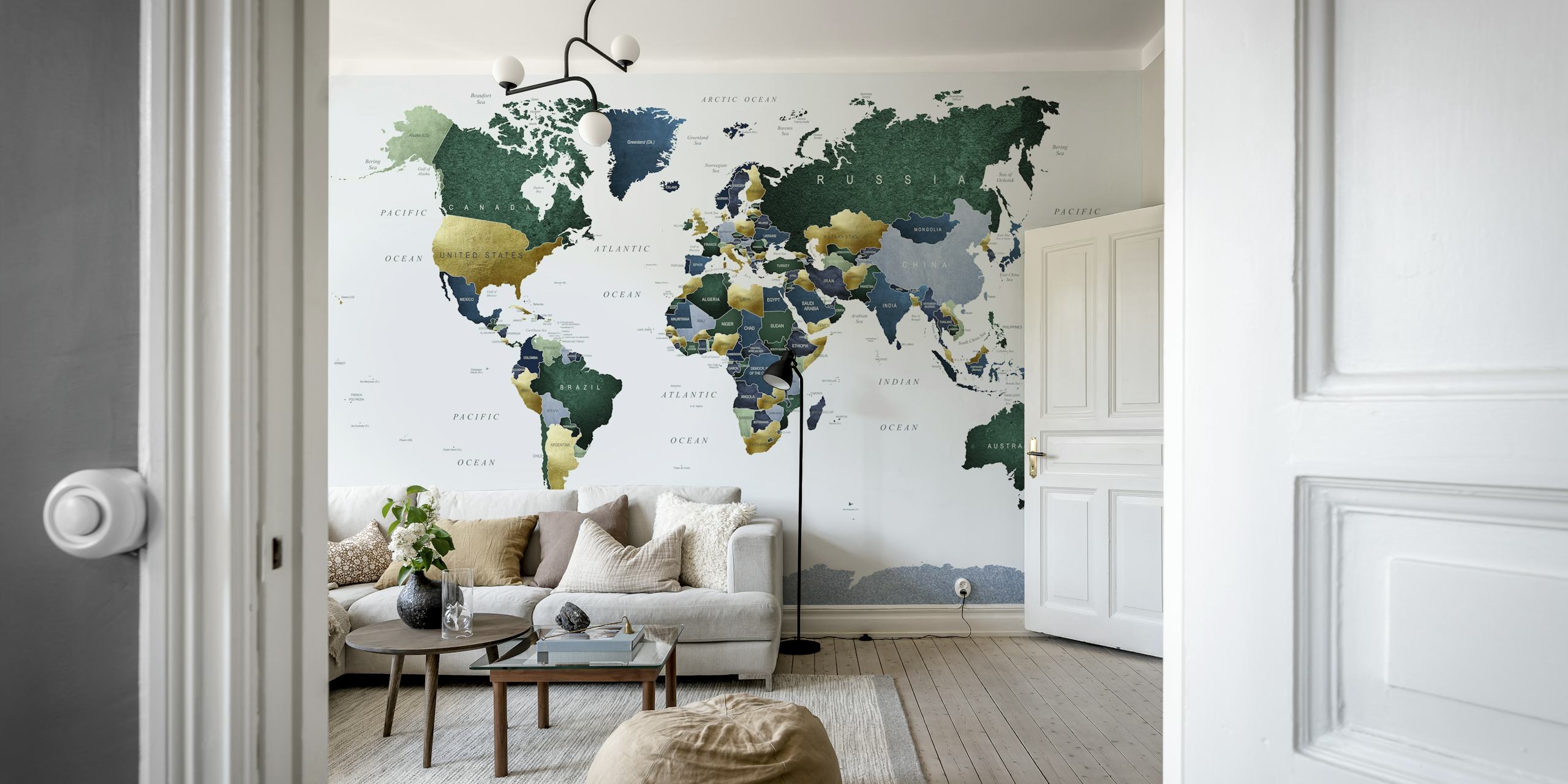 World map in blue and green tones wall mural