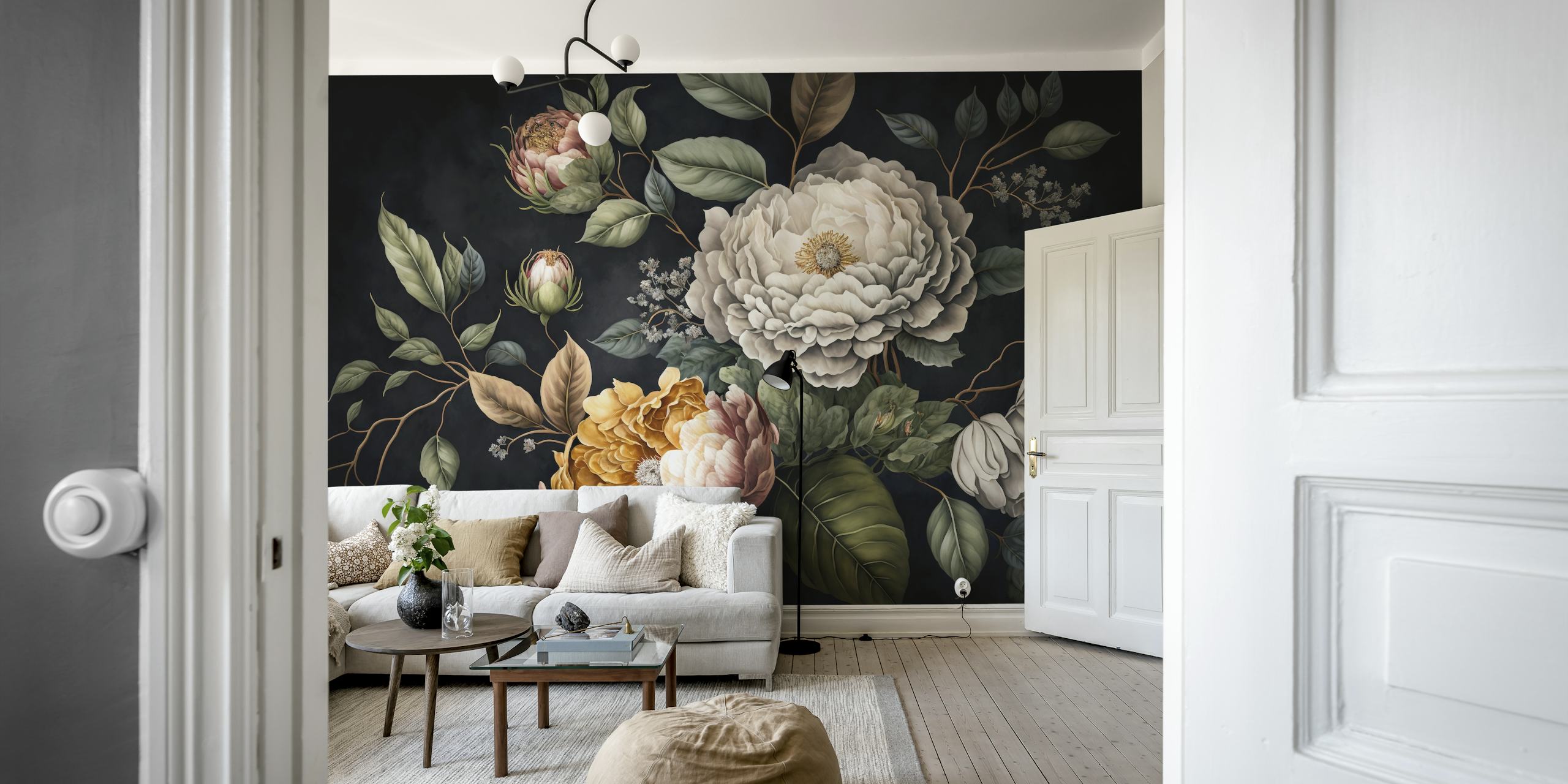 Large floral design with peonies and leaves on a black background wallpaper