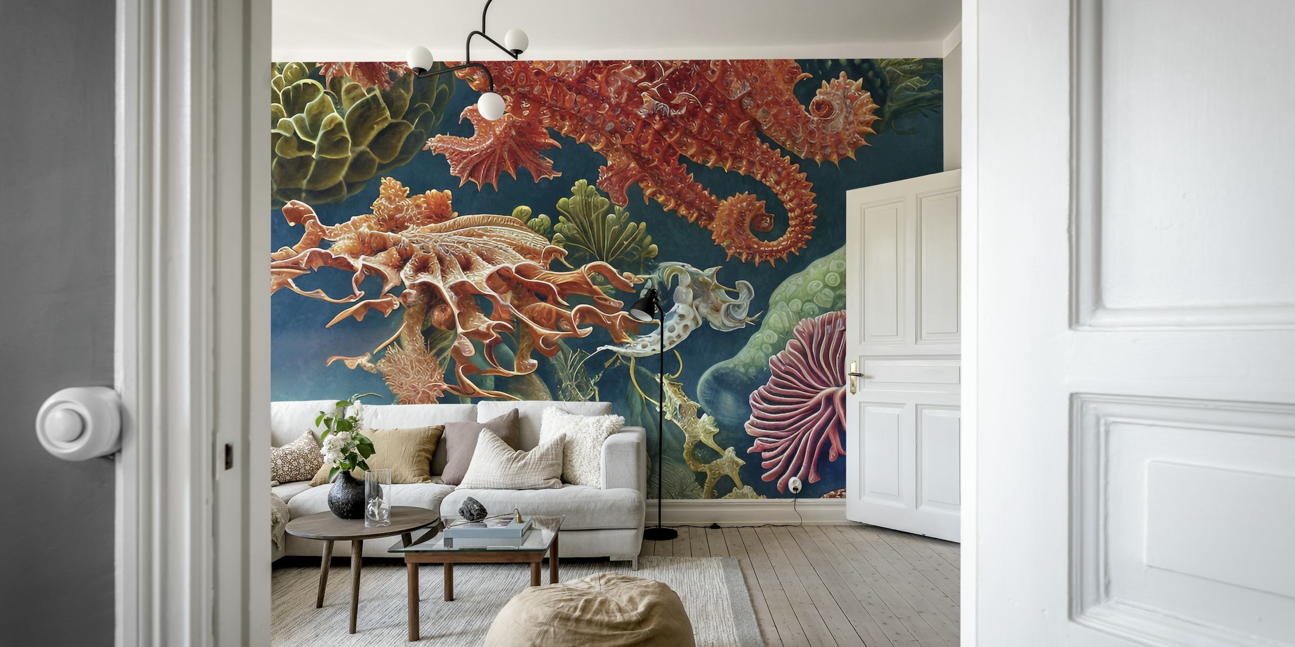 Coral reef with colorful sea creatures, underwater wallpaper