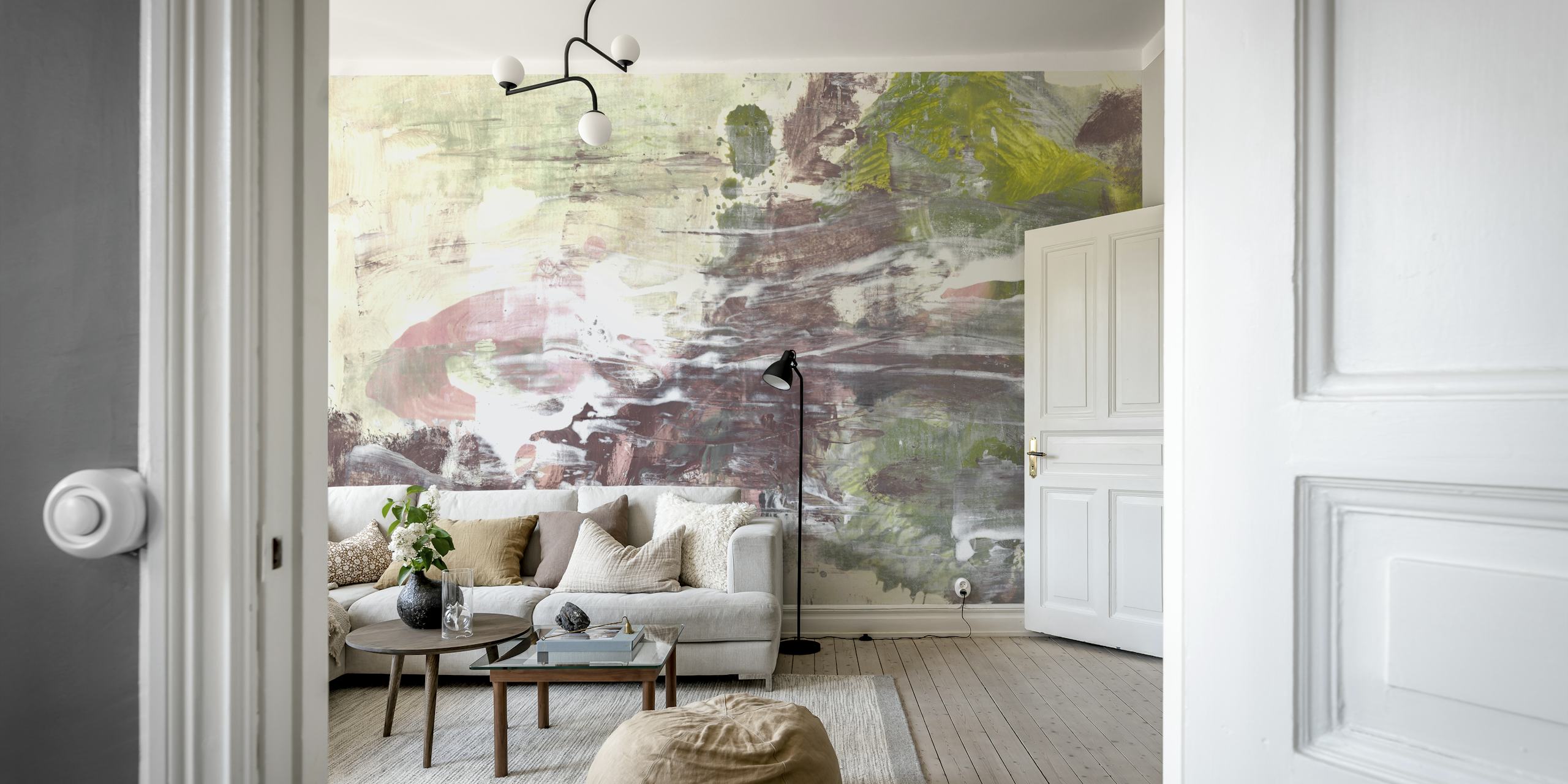Abstract wallpaper featuring green and brown brush strokes in an artistic style.