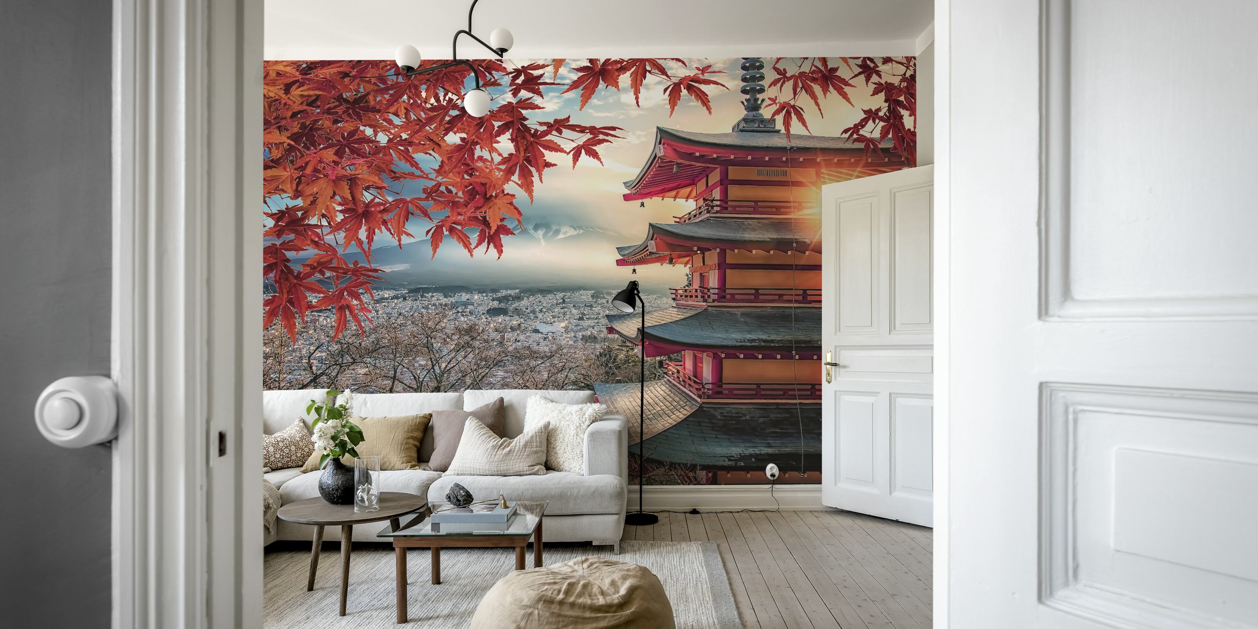 Pagoda with red maple leaves and mountains background wallpaper