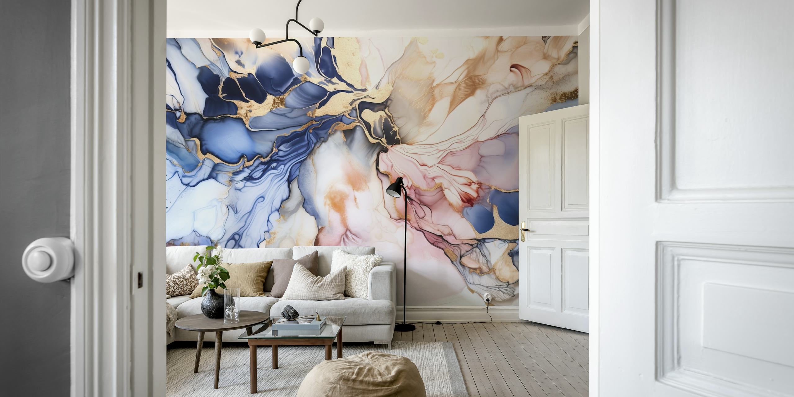 Abstract liquid art design with blue, pink and gold tones wallpaper