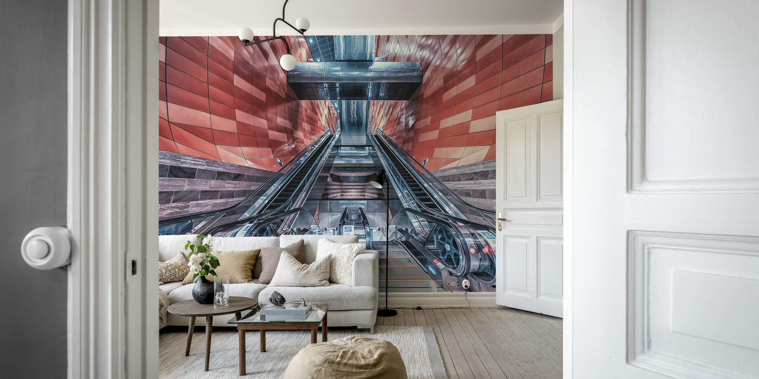 Modern escalator wall mural in a vibrant urban setting