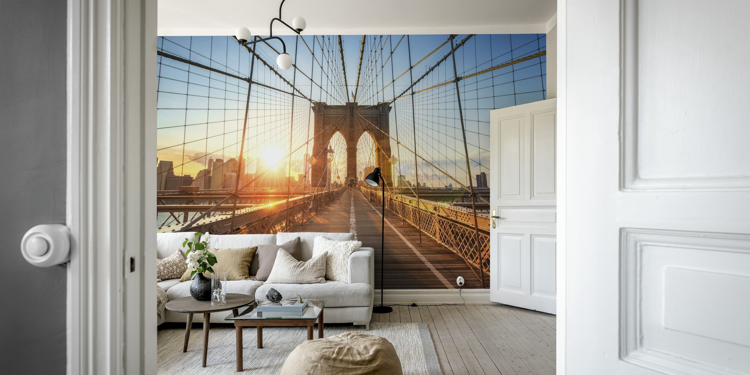 Brooklyn Bridge sunset with warm colors, urban theme wallpaper