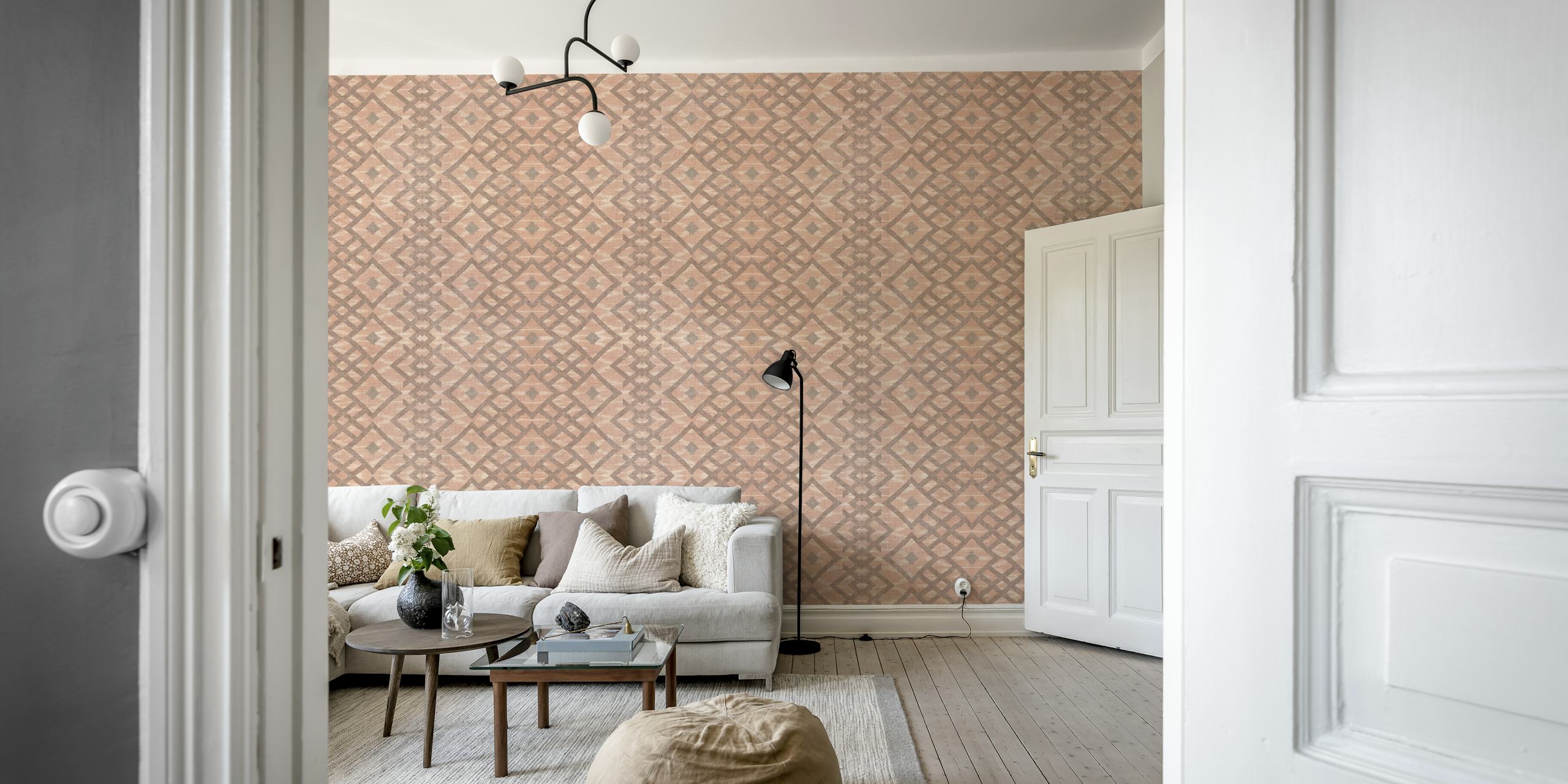 Terracotta and beige geometric ikat pattern wallpaper