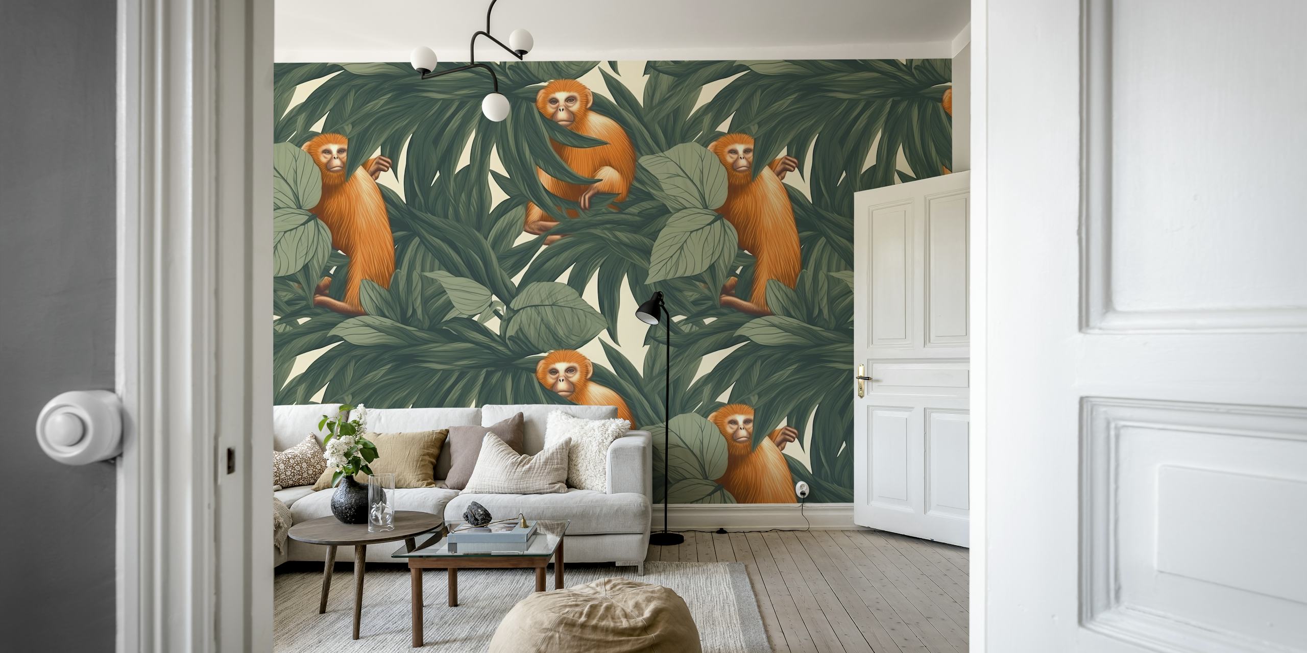 Tropisch aap wandschildering met oranje apen en groene bladeren wallpaper