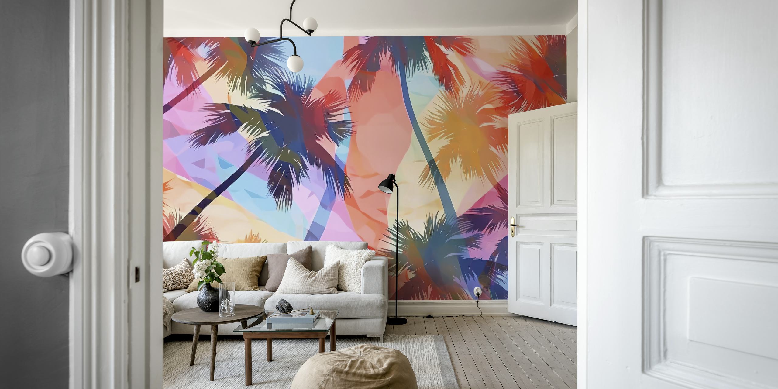 Colorful palm trees against a blue sky wallpaper